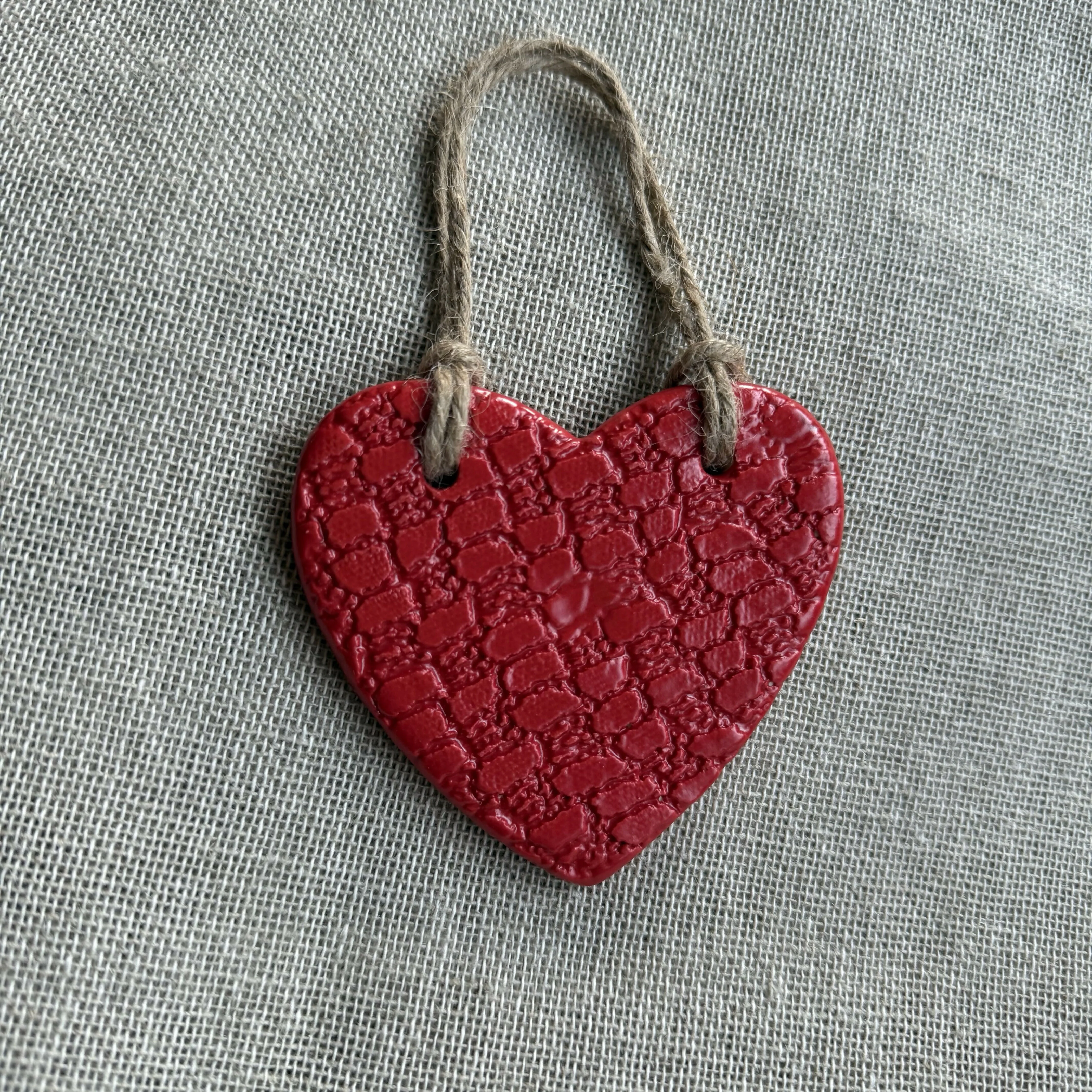 Textured Ceramic Heart Hanging – Ocean Blues with Rustic Jute String - Image 4