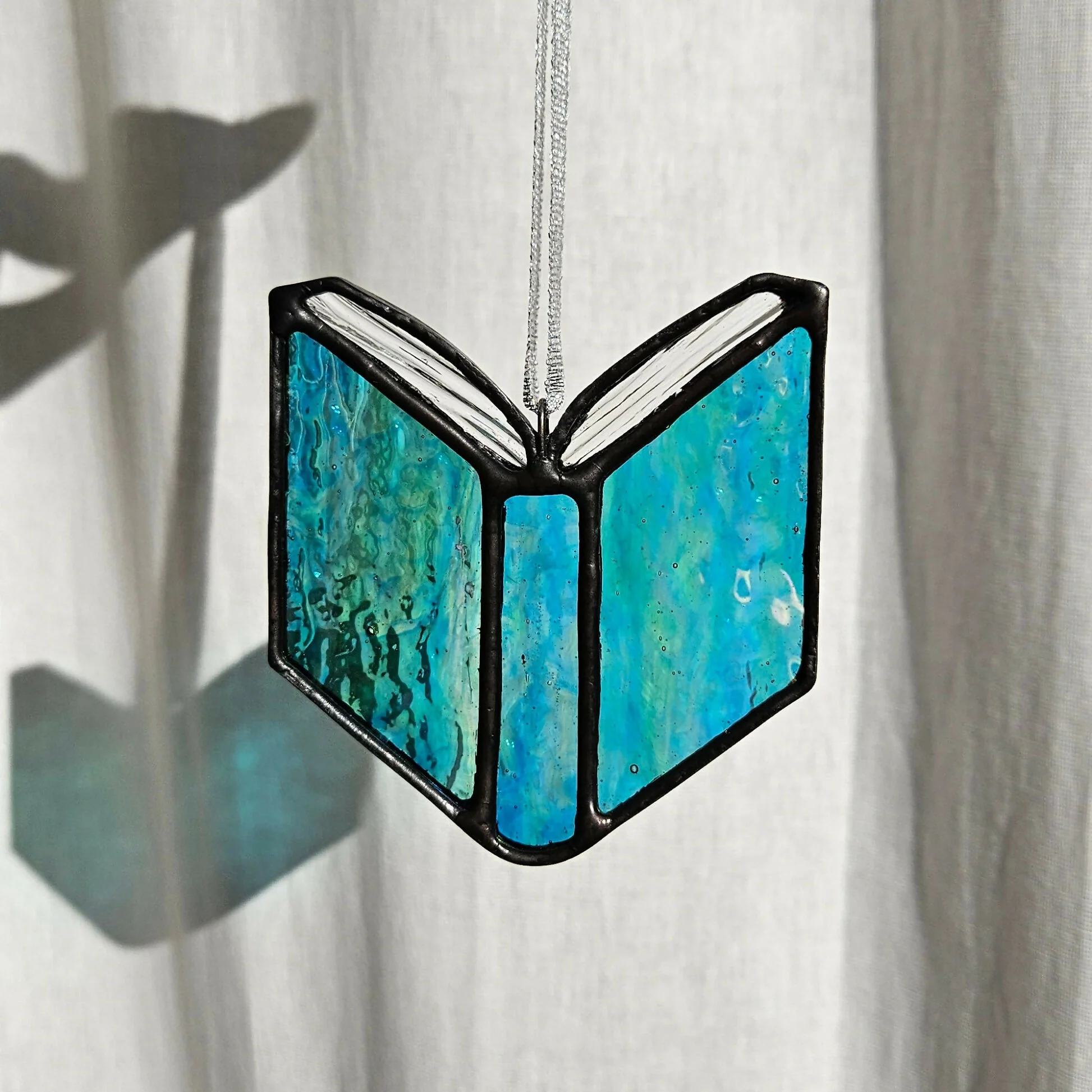 Textured Iridescent Green-Blue Book Stained Glass Suncatcher - Image 3