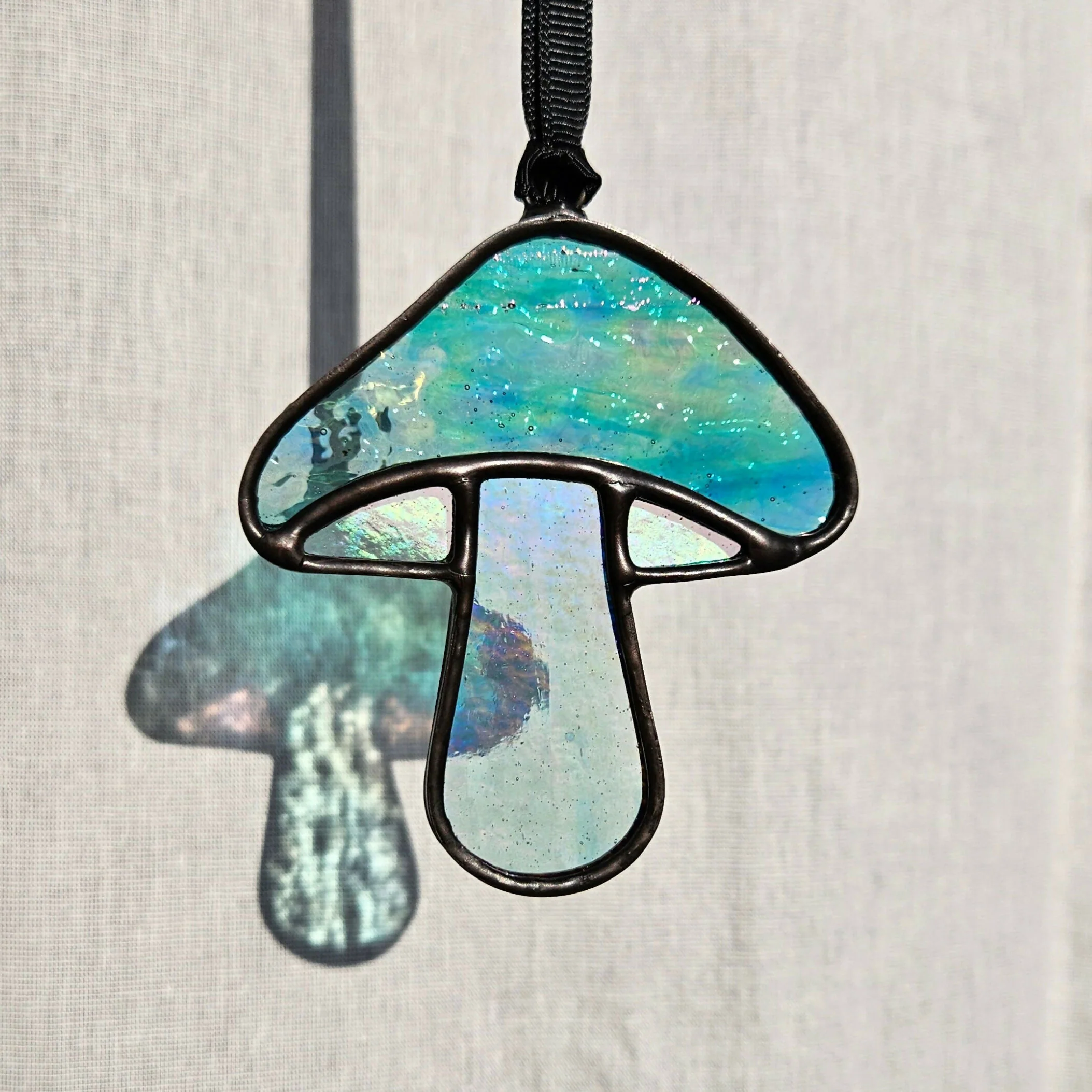 Textured Iridescent Green-Blue Mushroom Stained Glass Suncatcher - Image 2