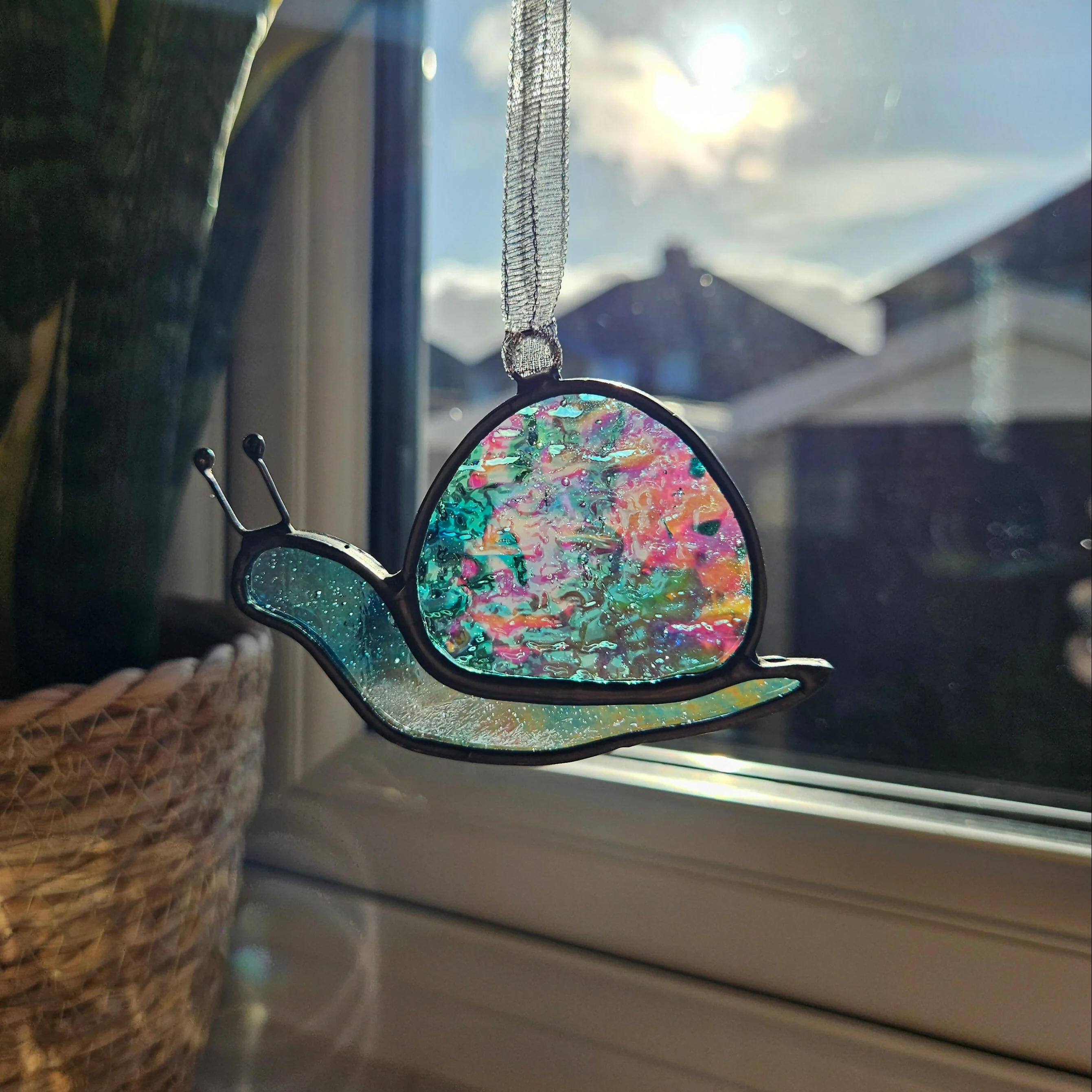 Textured Iridescent Green-Blue Snail Stained Glass Suncatcher - Image 2
