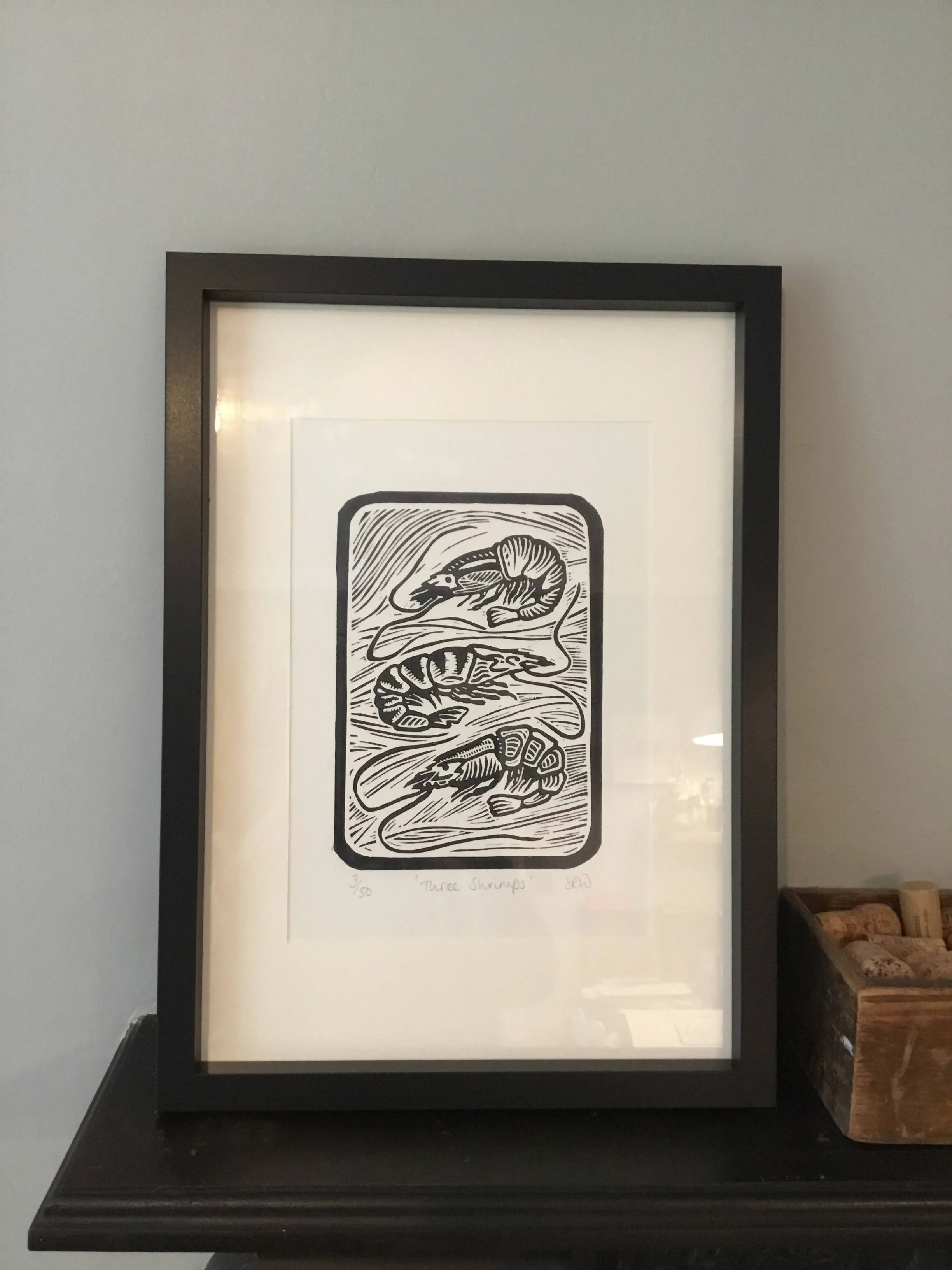 Three Shrimps Framed Lino Cut Print - Image 3