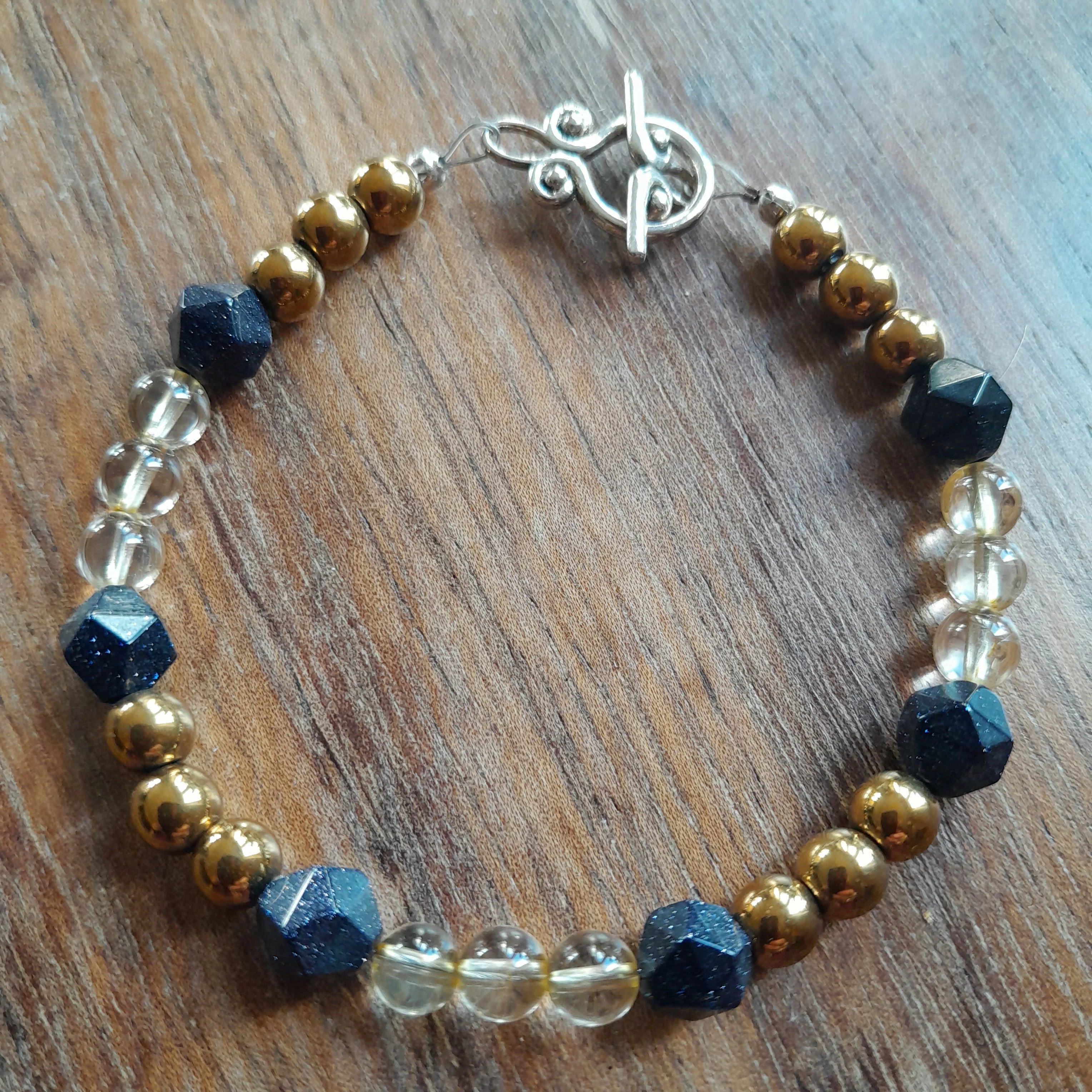 Tibetan Silver Toggle Catch Bracelet with Copper Hematite, Faceted Blue Goldstone and Citrine.