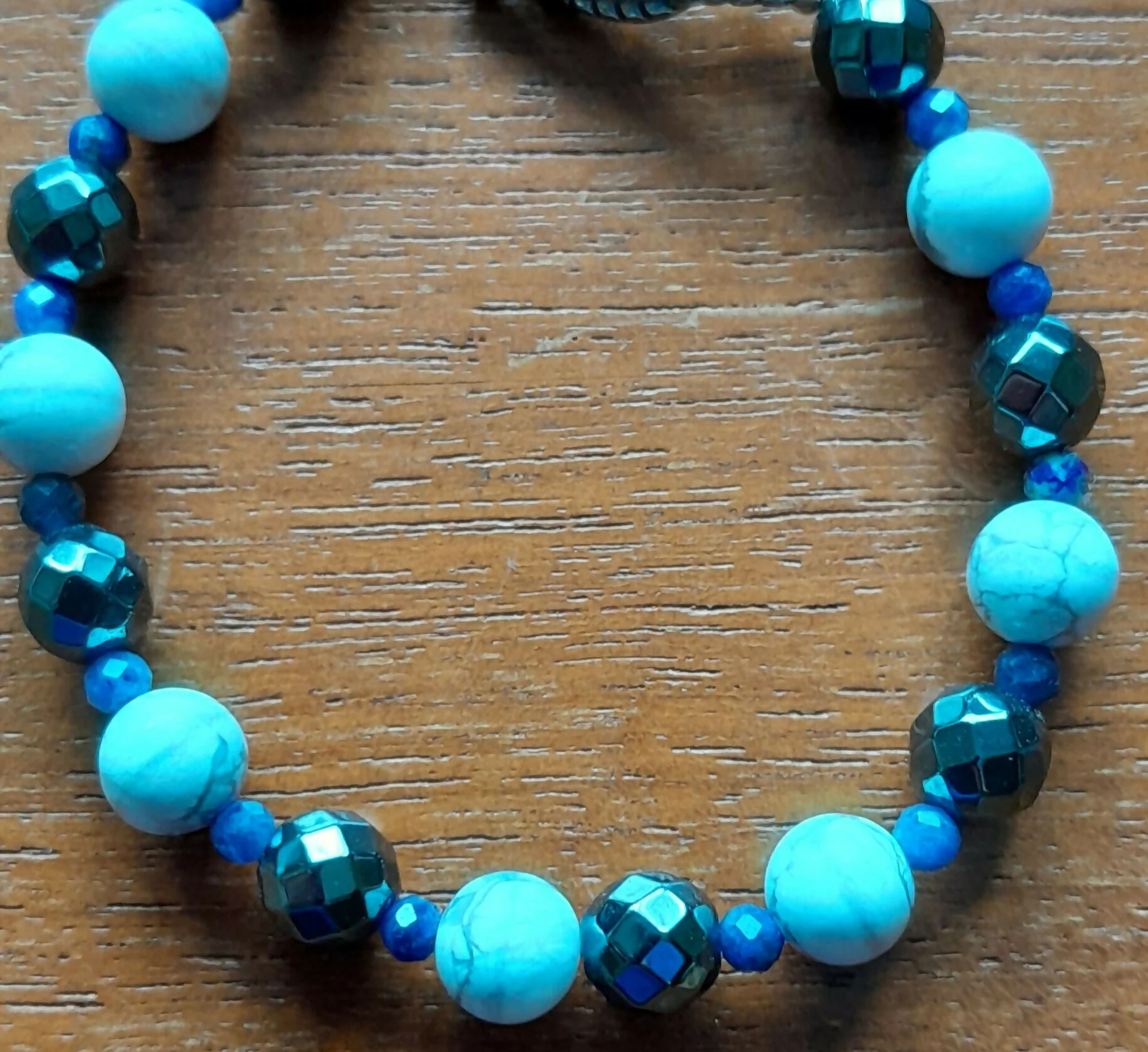 Tibetan Silver Toggle Catch Bracelet with Faceted Grey Hematite, Faceted Lapis Lazuli and Silver Veined Howlite.