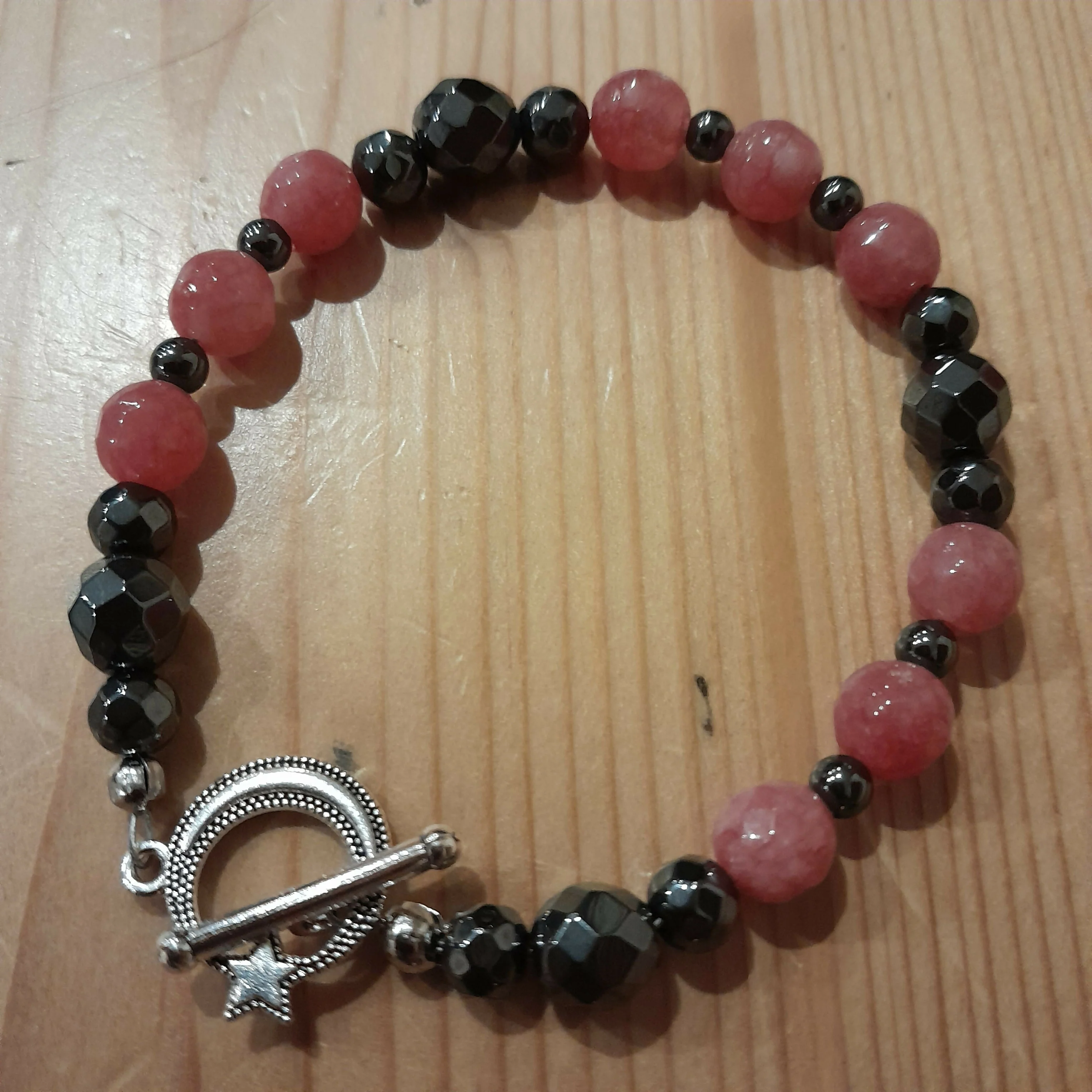 Tibetan Silver Toggle Catch Bracelet with Faceted Grey Hematite in 2 sizes, Strawberry Quartz and Round Grey Hematite.
