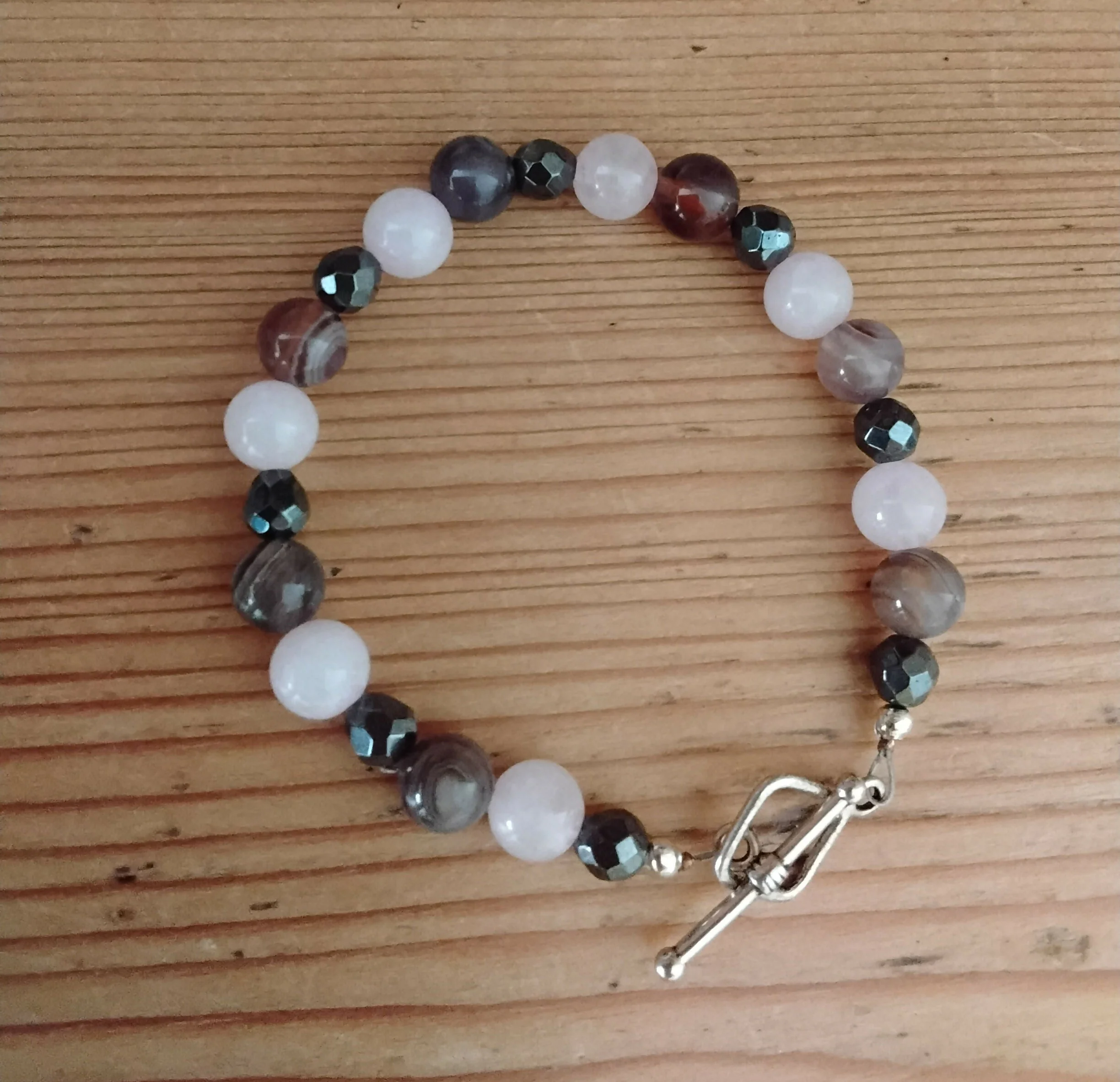 Tibetan Silver Toggle Catch Bracelet with Faceted Grey Hematite, Indian River Agate and Rose Quartz.