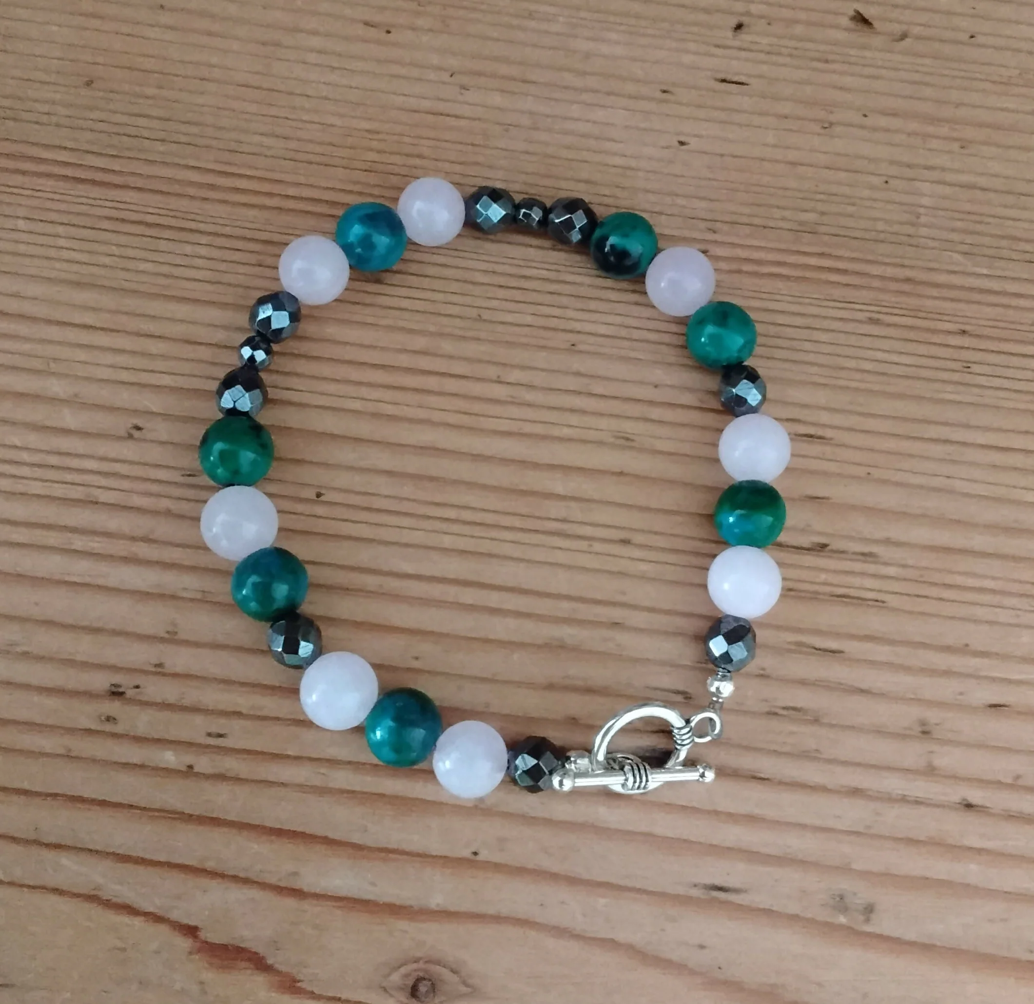 Tibetan Silver Toggle Catch Bracelet with Faceted Grey Hematite, Rose Quartz and Chrysocolla.
