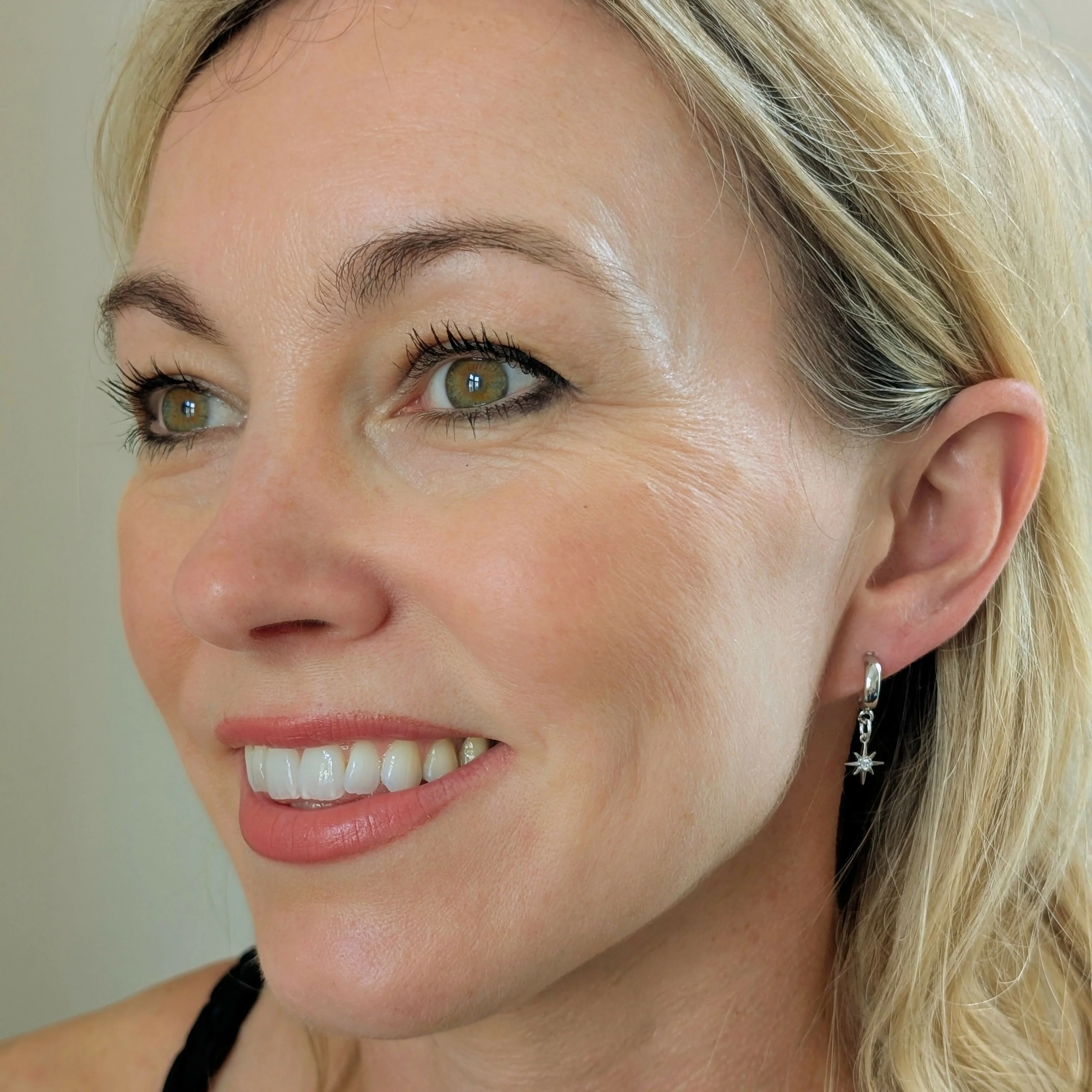 Tiny Silver Cubic Zirconia Star Earrings on a Silver Plated Half Loop Huggie Stud - Image 2