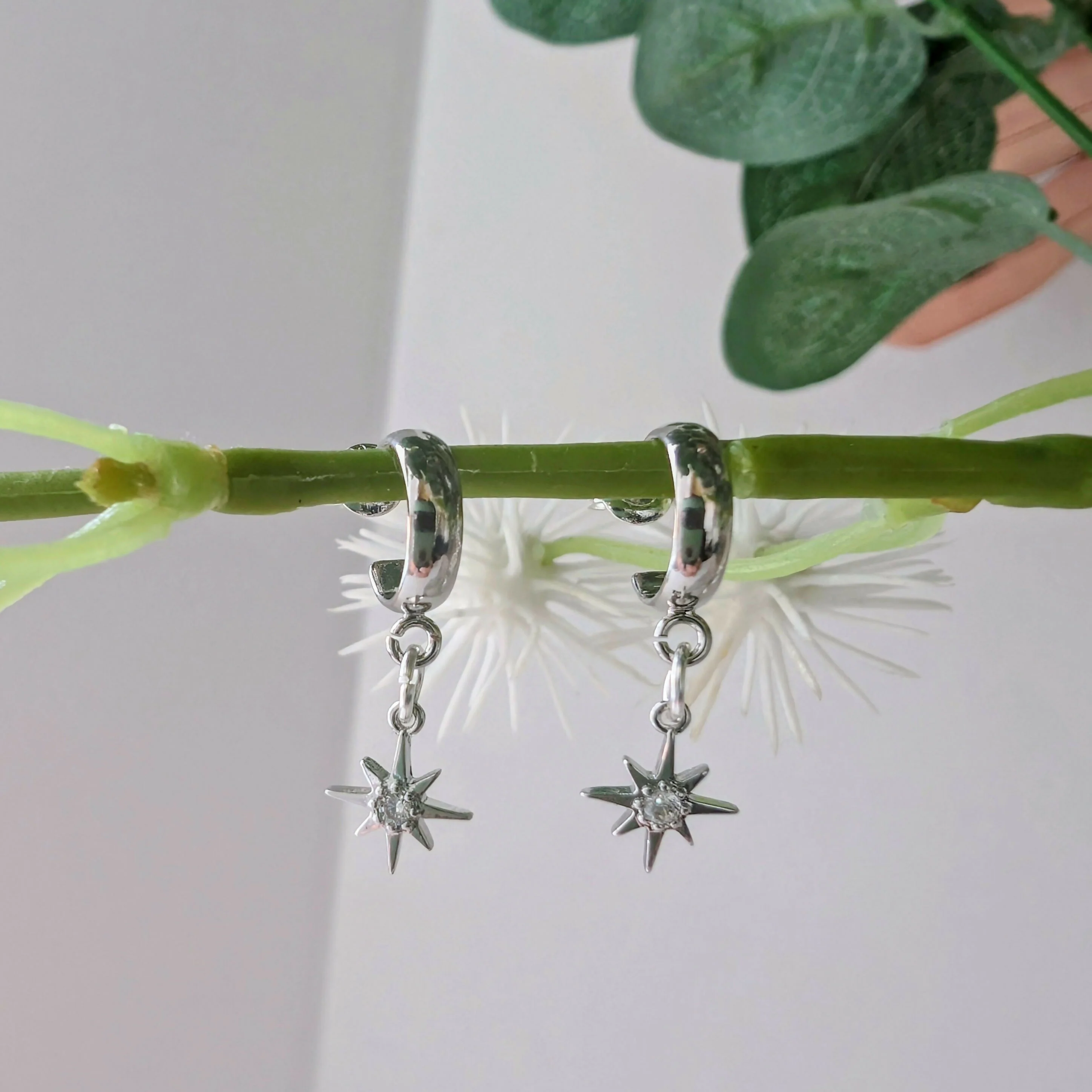 Tiny Silver Cubic Zirconia Star Earrings on a Silver Plated Half Loop Huggie Stud - Image 3