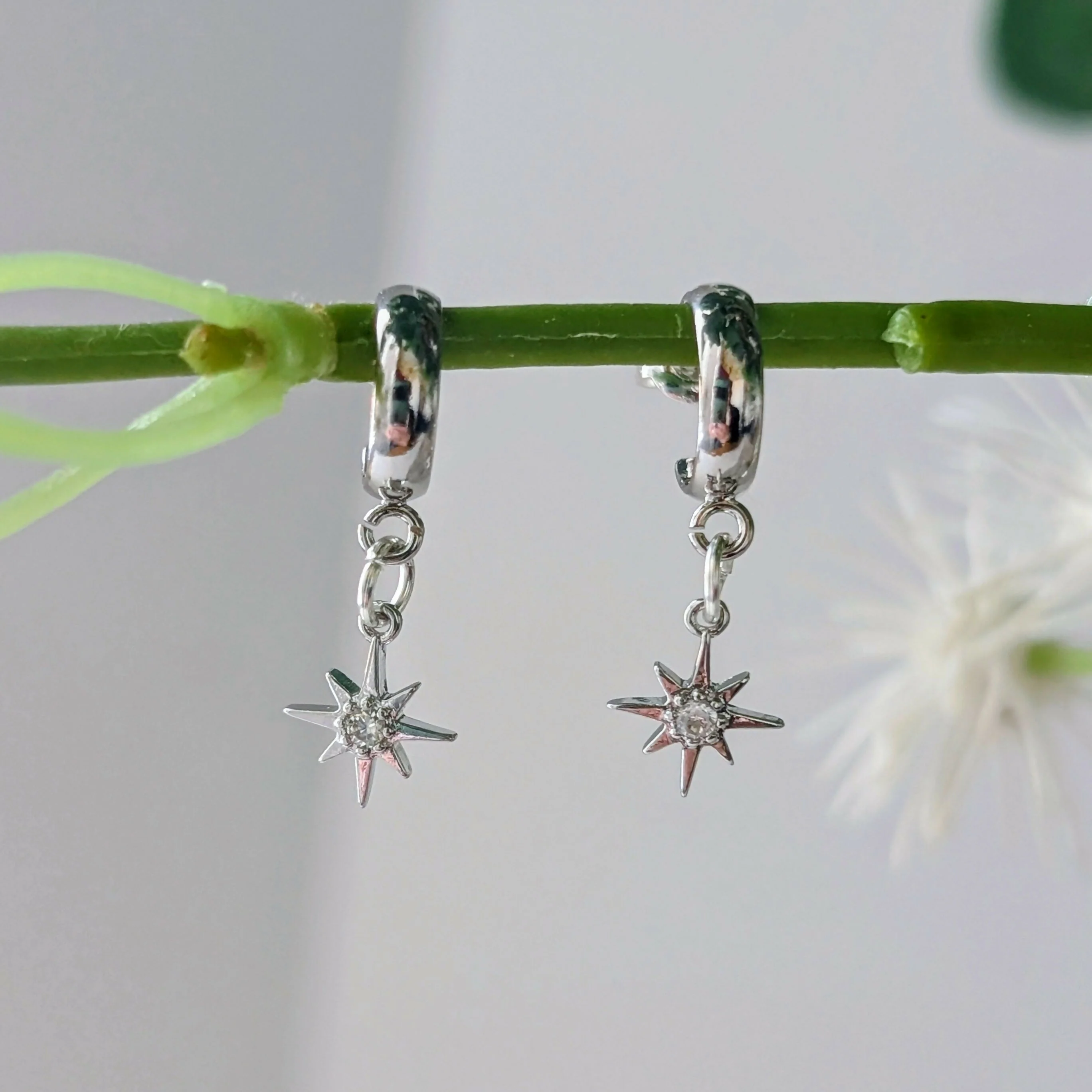 Tiny Silver Cubic Zirconia Star Earrings on a Silver Plated Half Loop Huggie Stud - Image 4