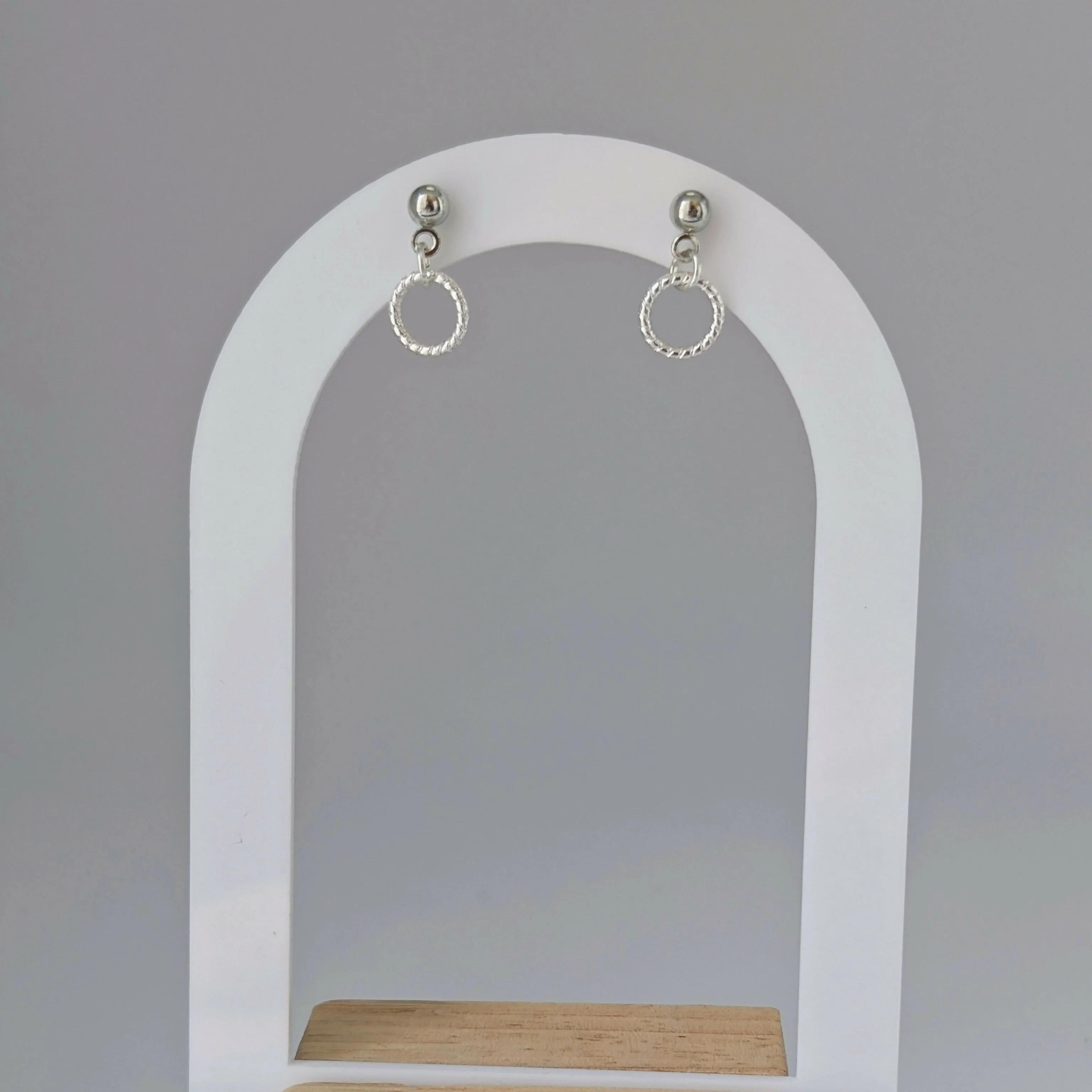 Tiny Silver Minimalist Circle Earrings in Rope Twist Style on a Silver Plated Stud - Image 2