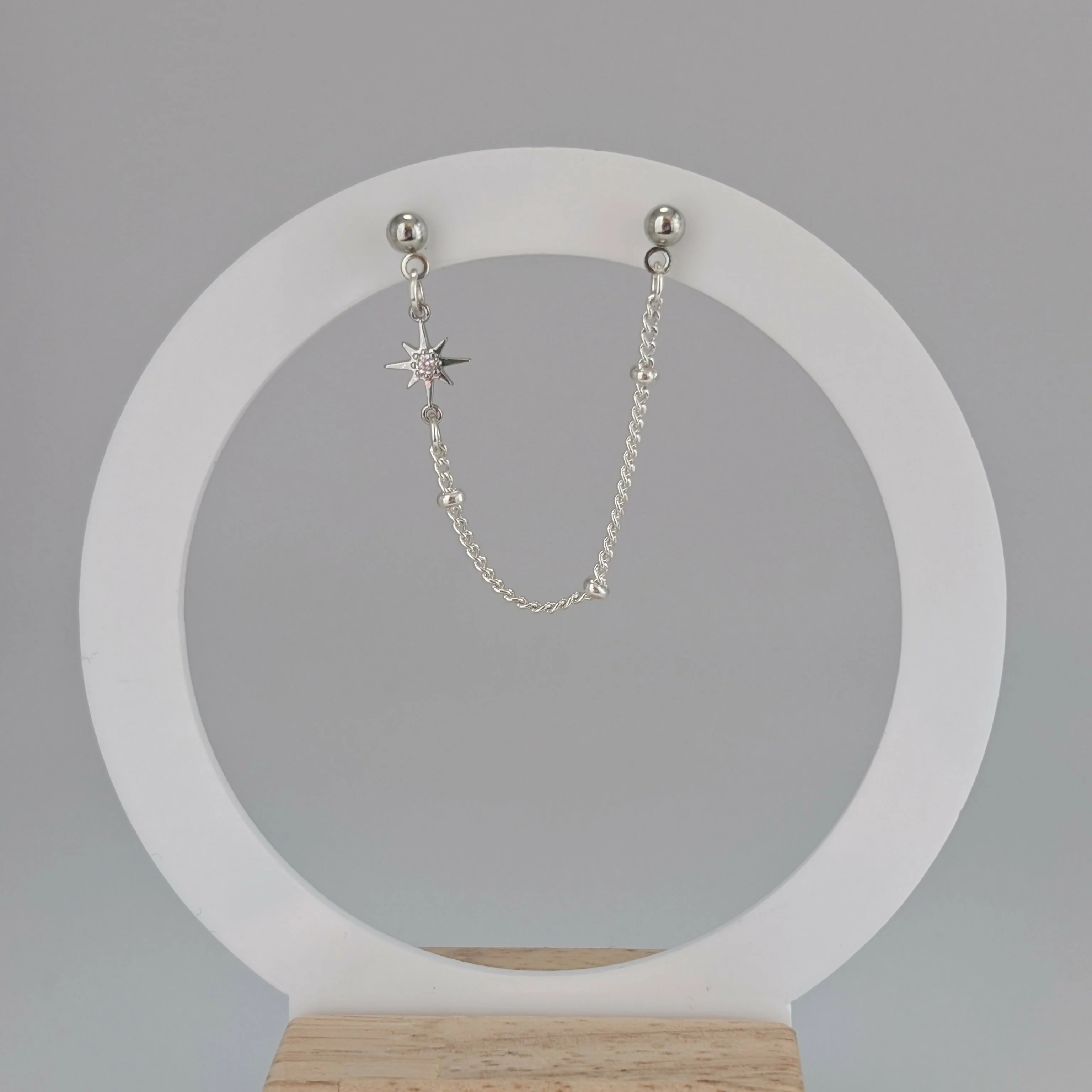 Tiny Star Cubic Zirconia Silver Double Chain Earrring on Silver Plated Ball Stud - Image 2
