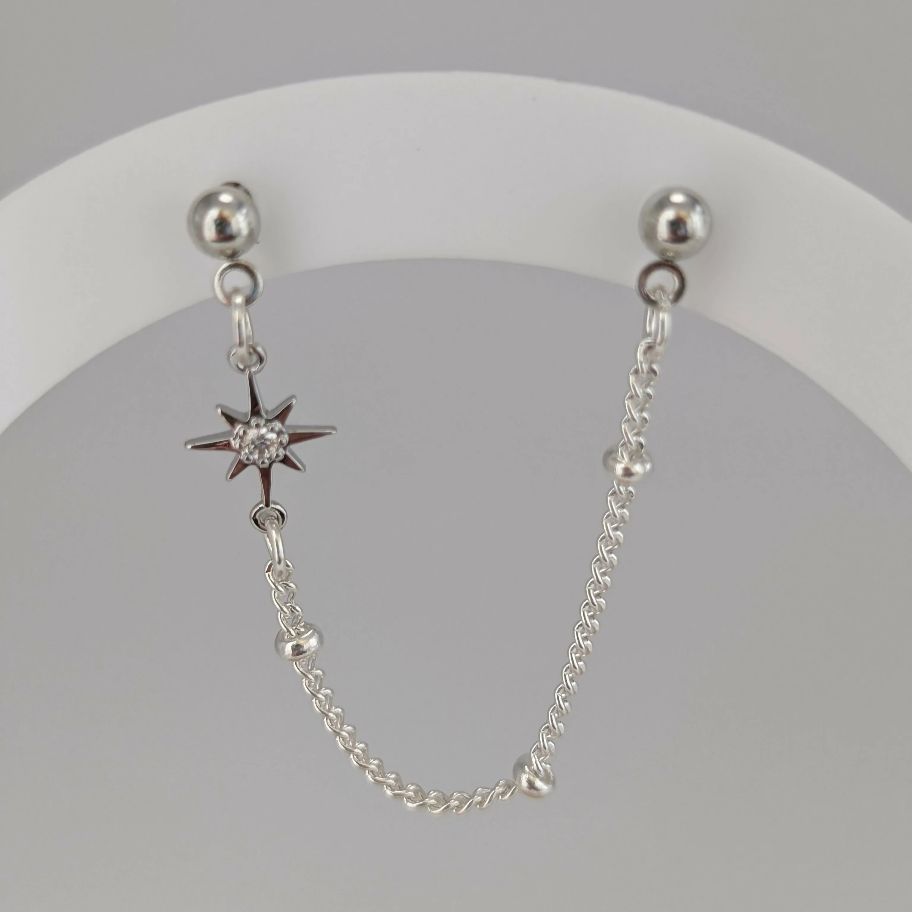 Tiny Star Cubic Zirconia Silver Double Chain Earrring on Silver Plated Ball Stud - Image 3