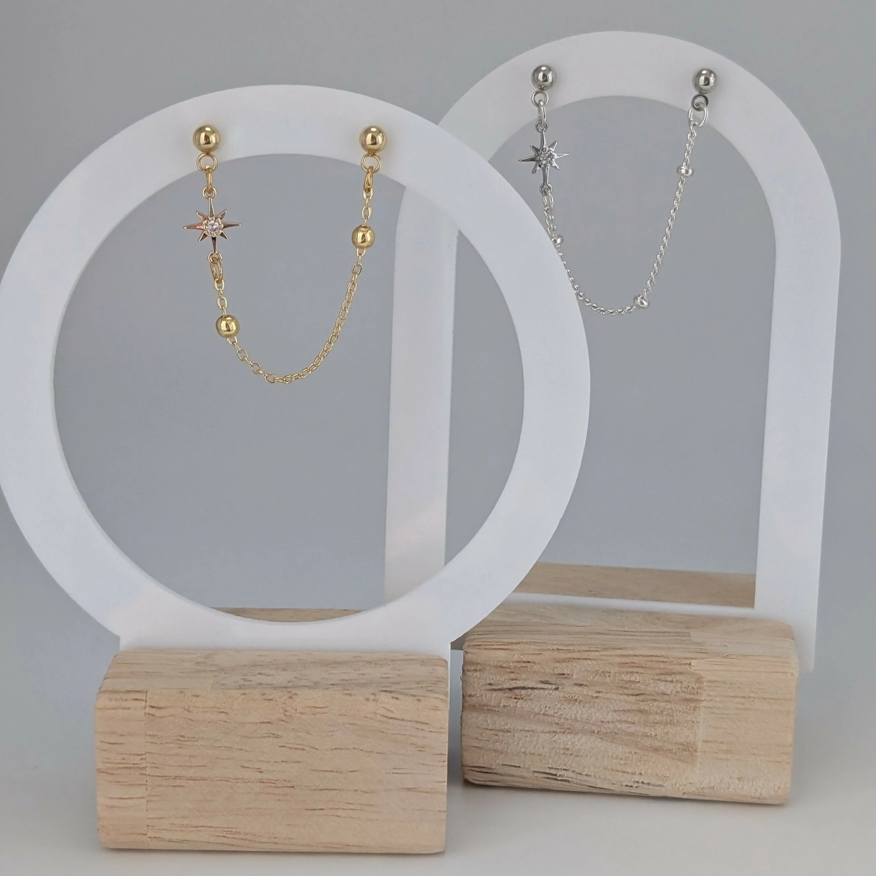 Tiny Star Cubic Zirconia Silver Double Chain Earrring on Silver Plated Ball Stud - Image 4
