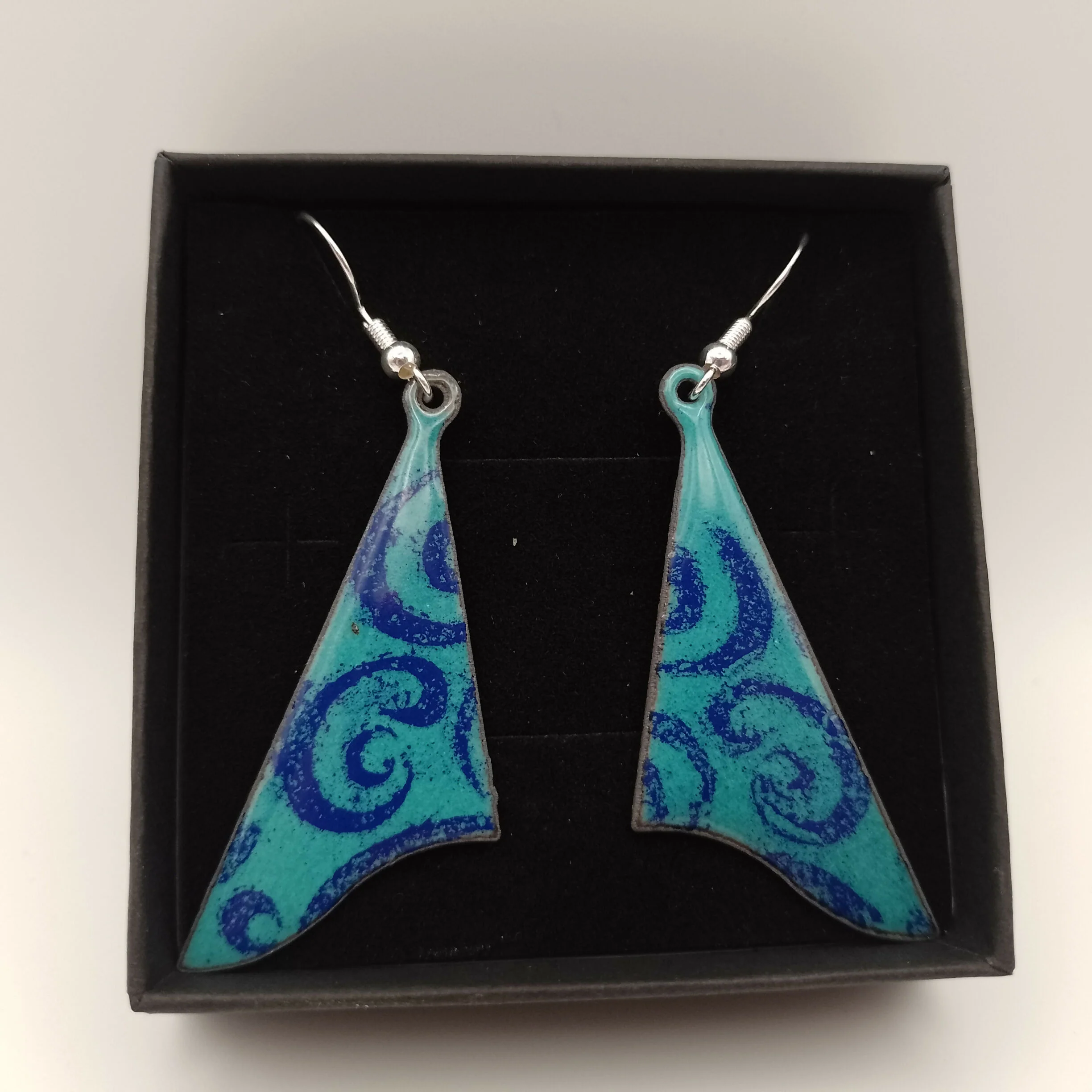 Triangular Light Blue Enamel Earrings with Blue Swirl - Image 2