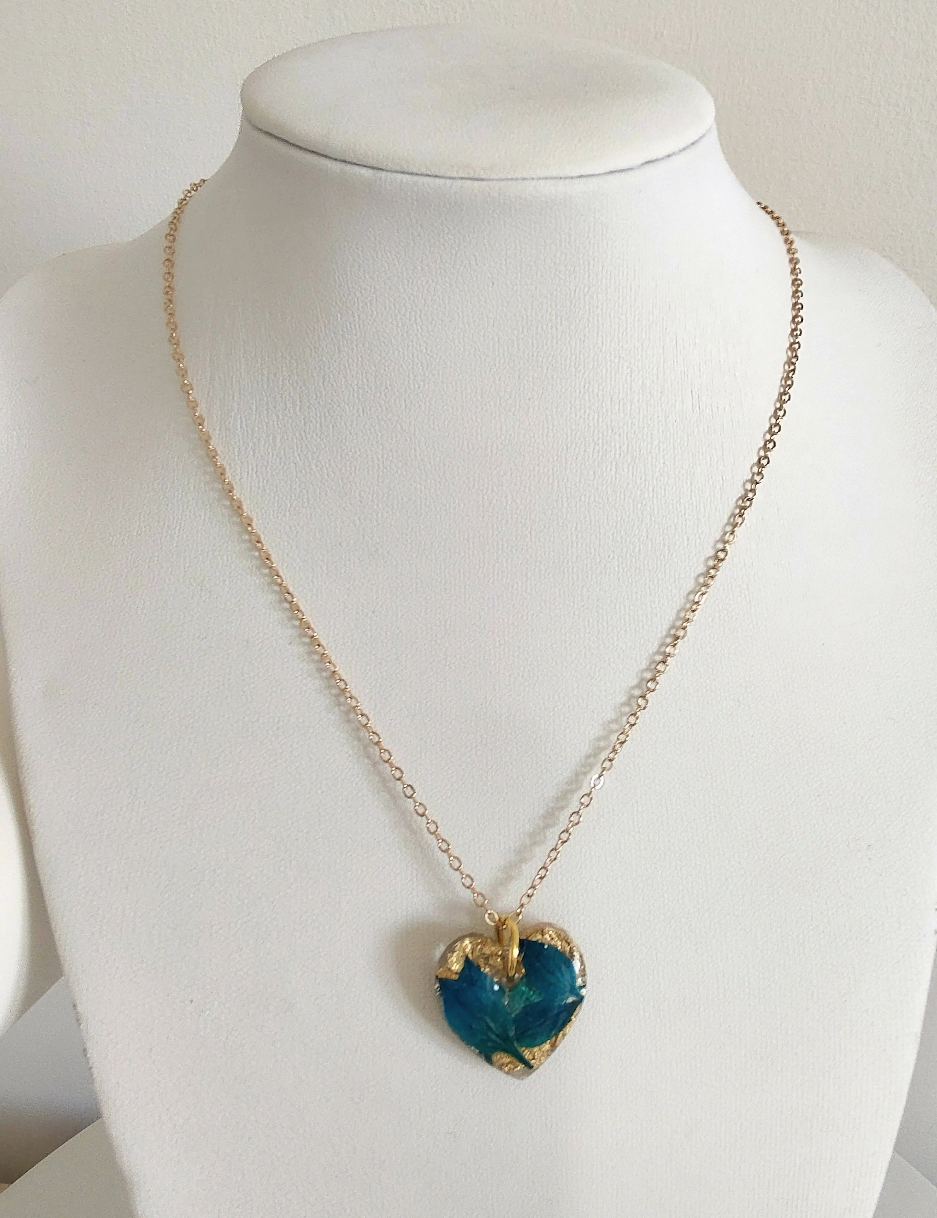 Turquoise Flower Petals with Gold Leaf Heart Necklace Gold Plated - Image 2