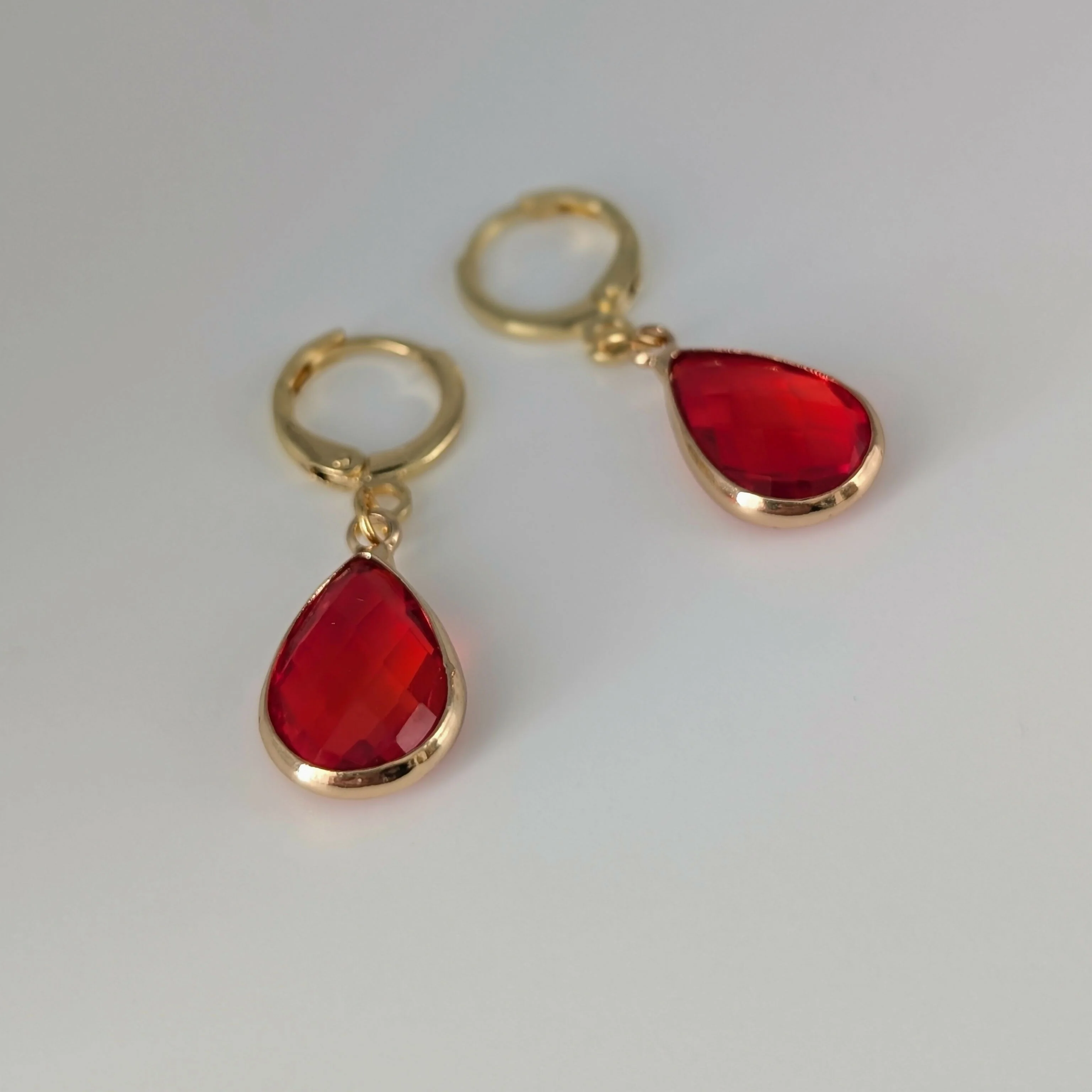 Vibrant Red Pink Faceted Crystal Teardop Gold Plated Huggie Earrings - Image 2