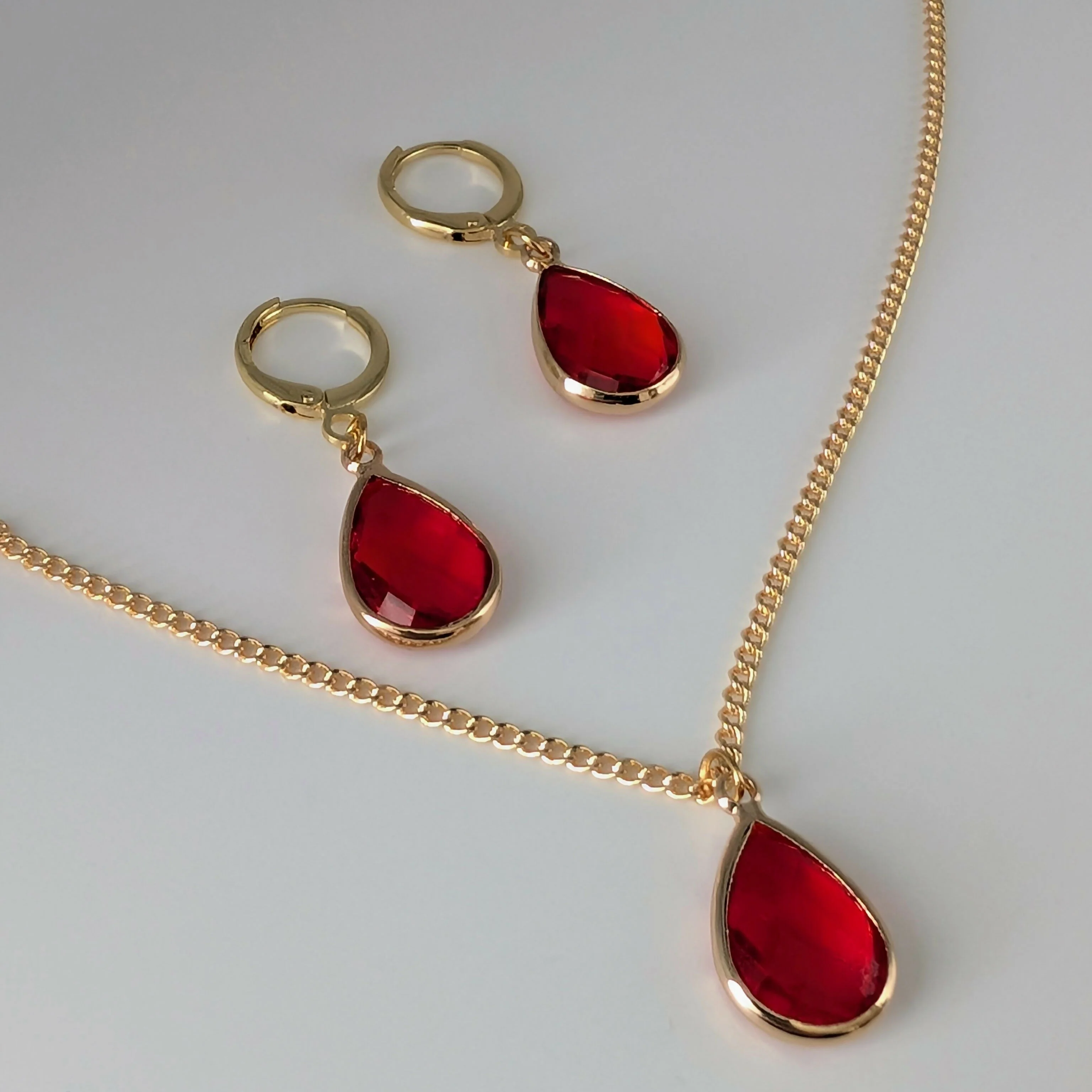 Vibrant Red Pink Faceted Crystal Teardop Gold Plated Huggie Earrings - Image 3
