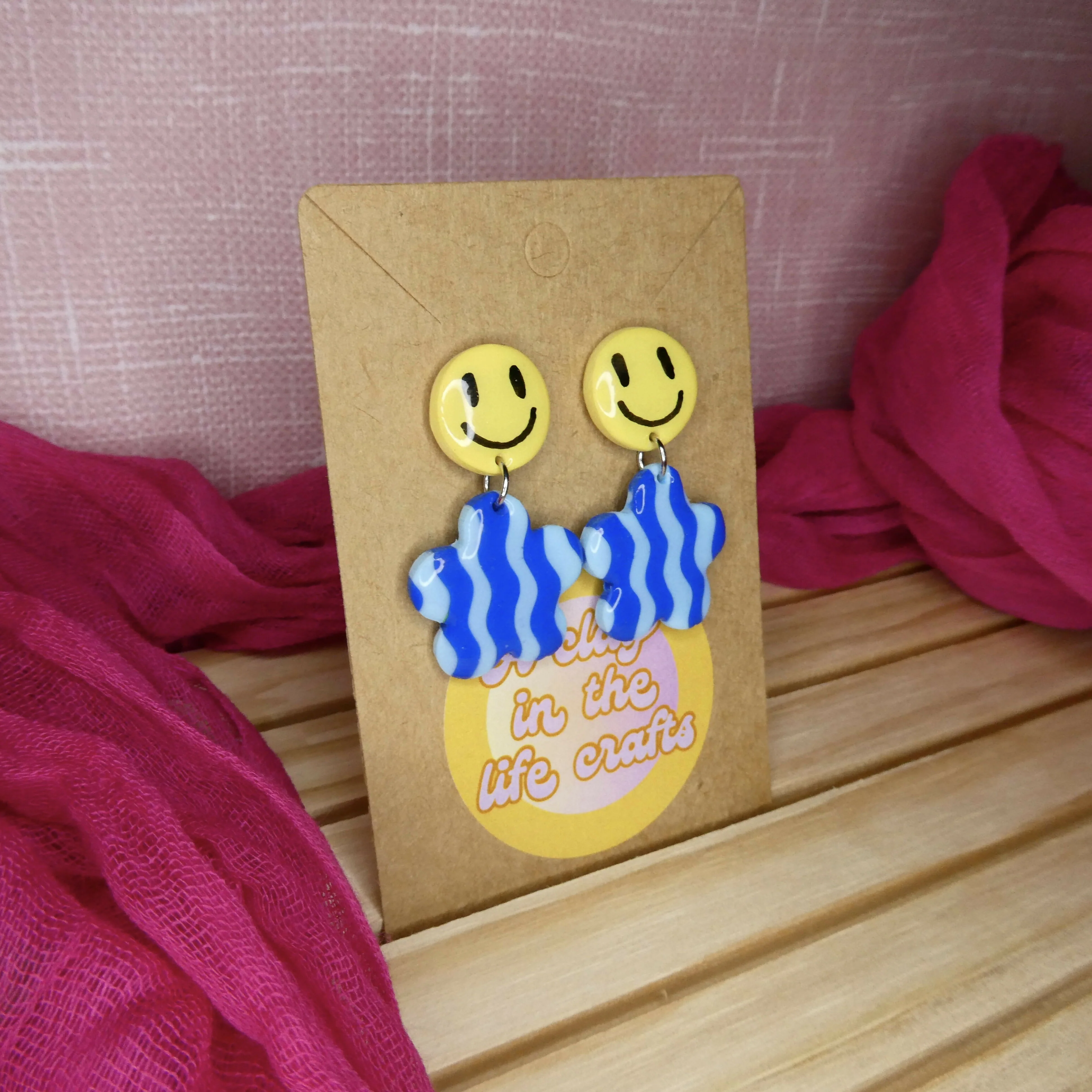 Wavy Blue Flower Polymer Clay Earrings With Smiley Face