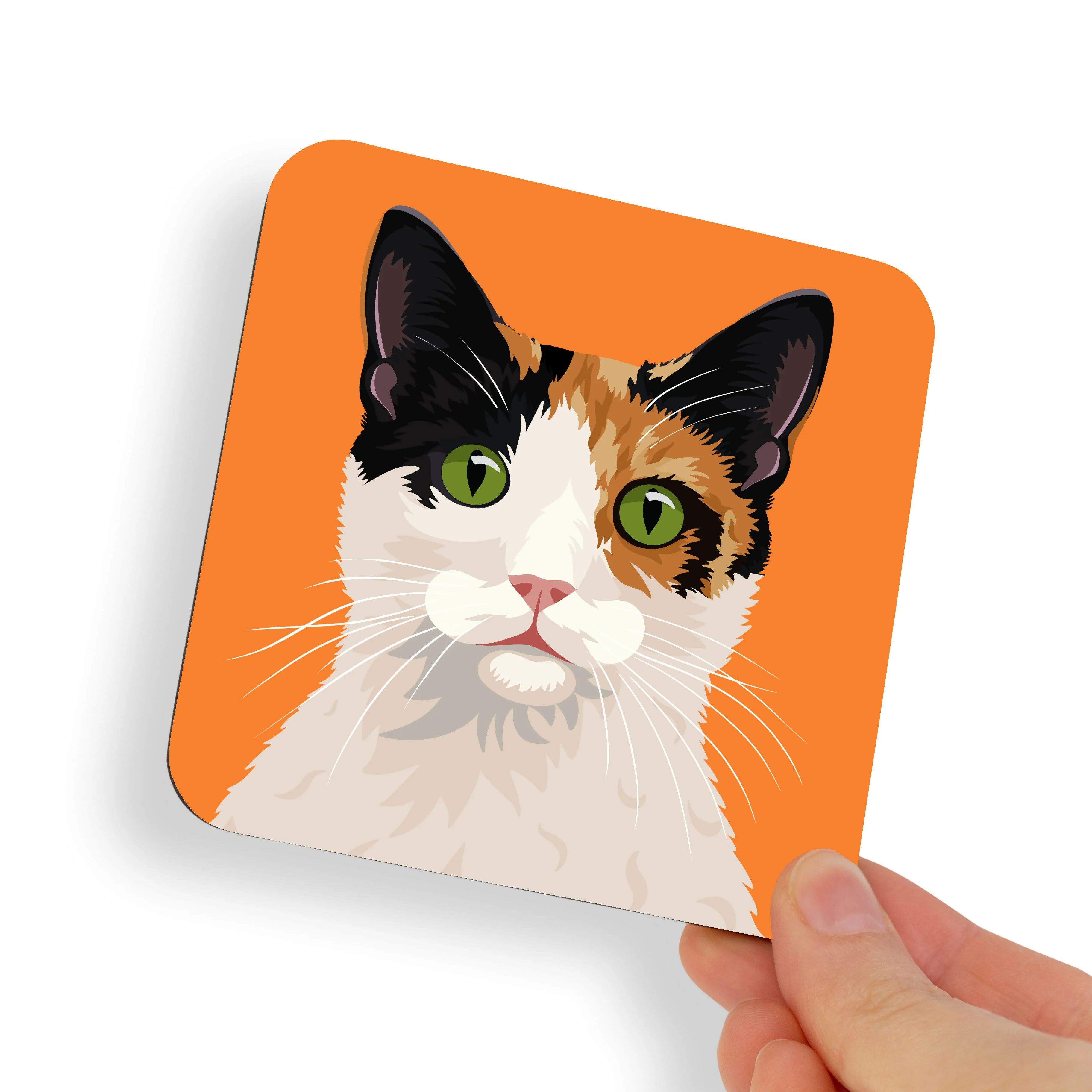 White, Black and Ginger Calico Green Eyes Cat Coaster