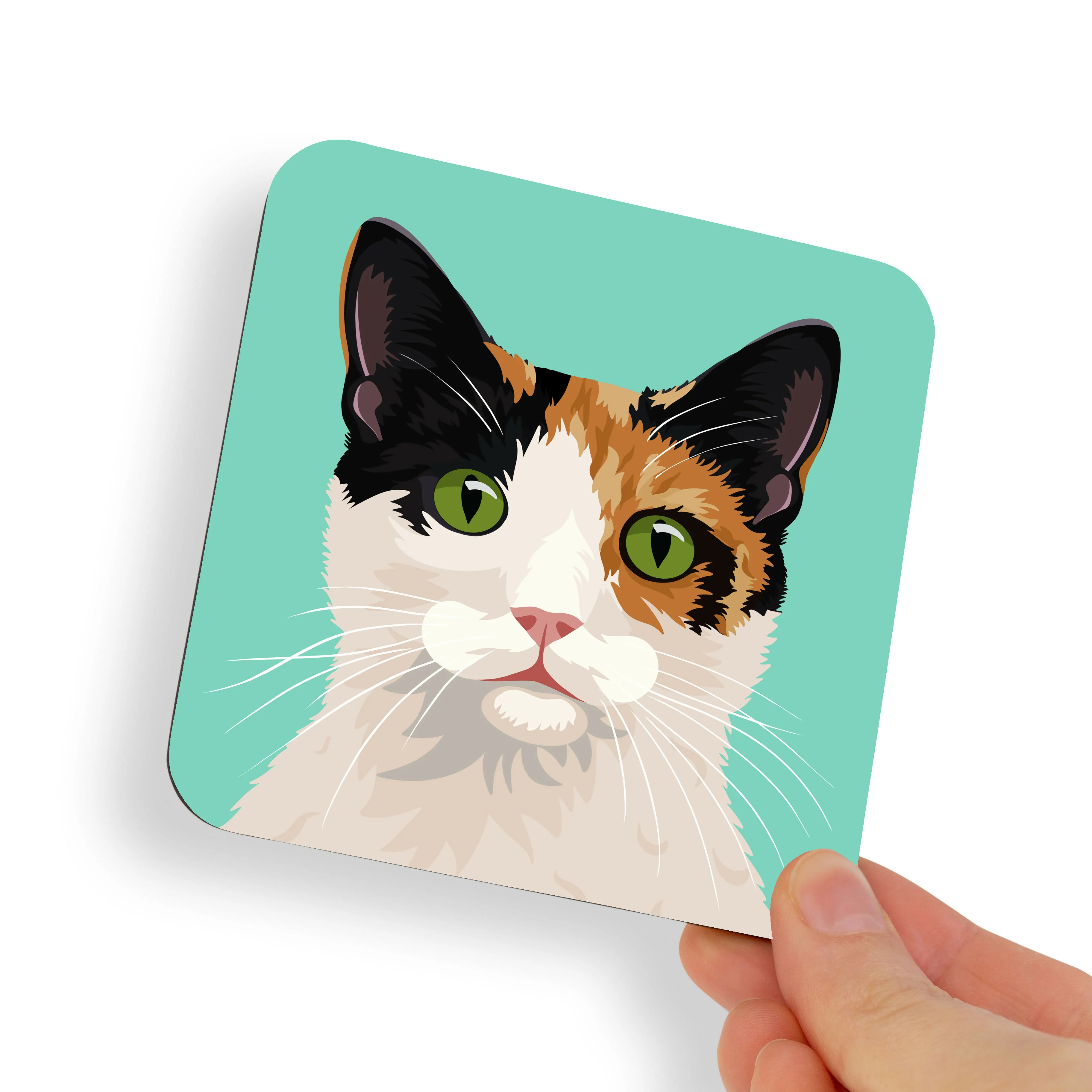 White, Black and Ginger Calico Green Eyes Cat Coaster - Image 2