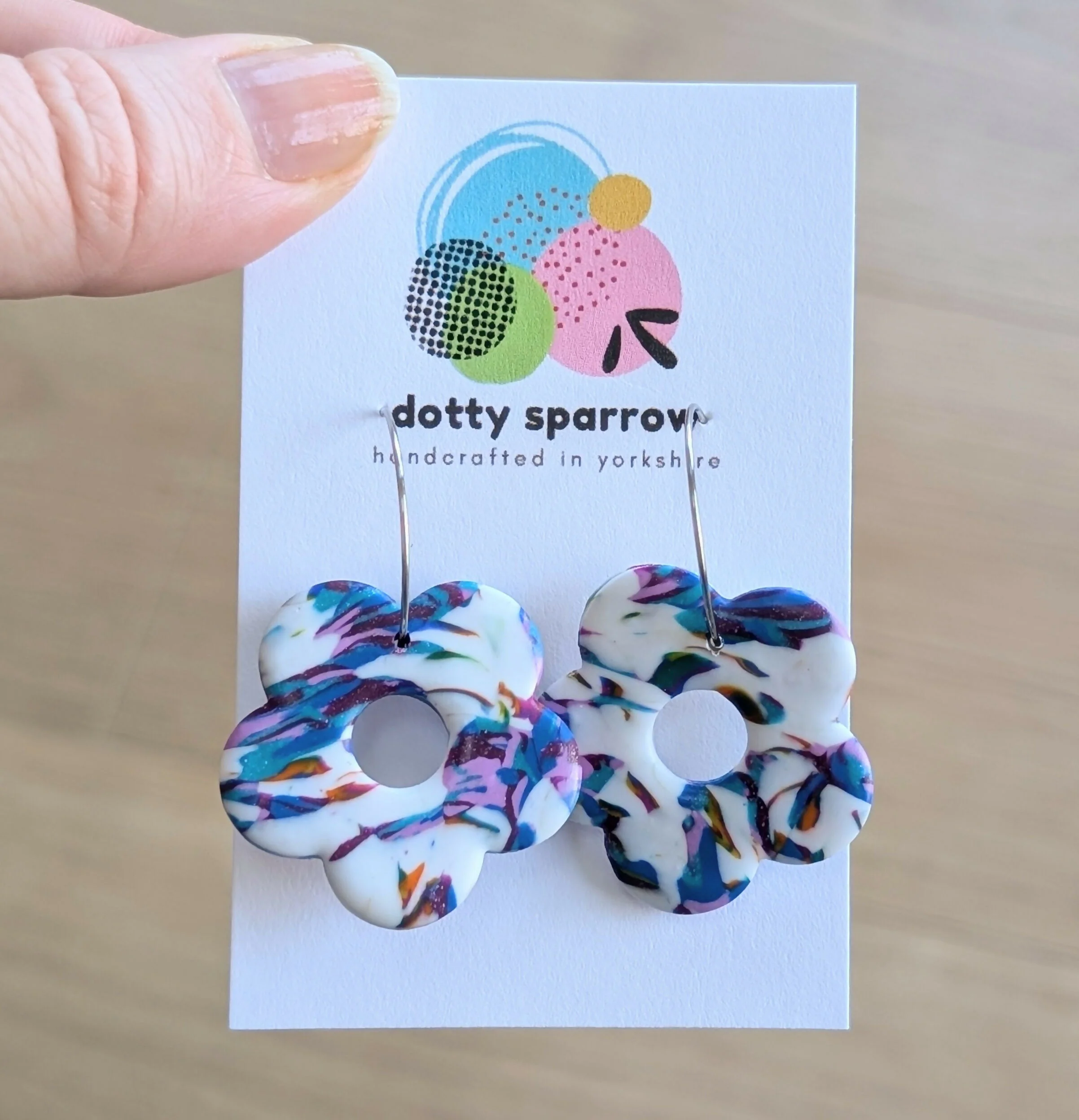 White, Purple, Blue & Orange Abstract Flower Hoop Handmade Polymer Clay Earrings