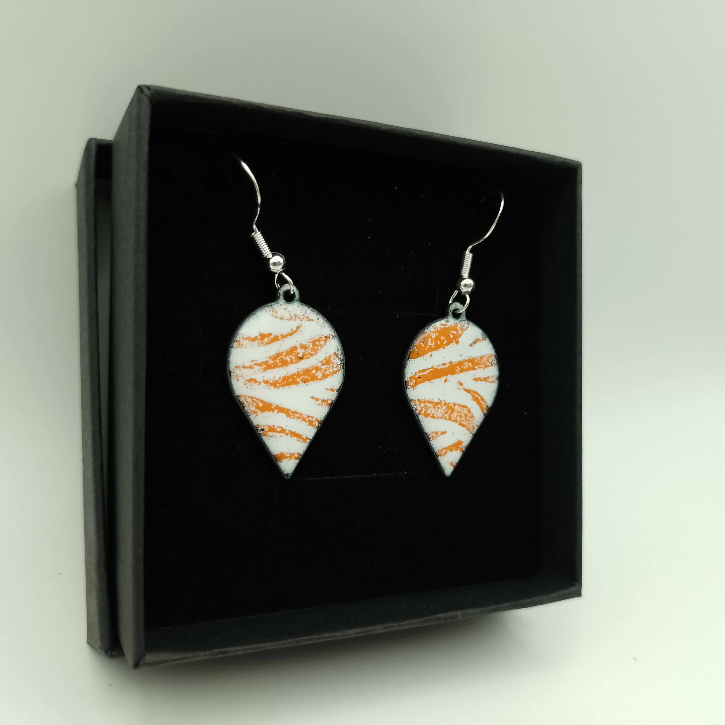 White Enamel Teardrop Earrings with Tangerine Orange Stripes - Image 3