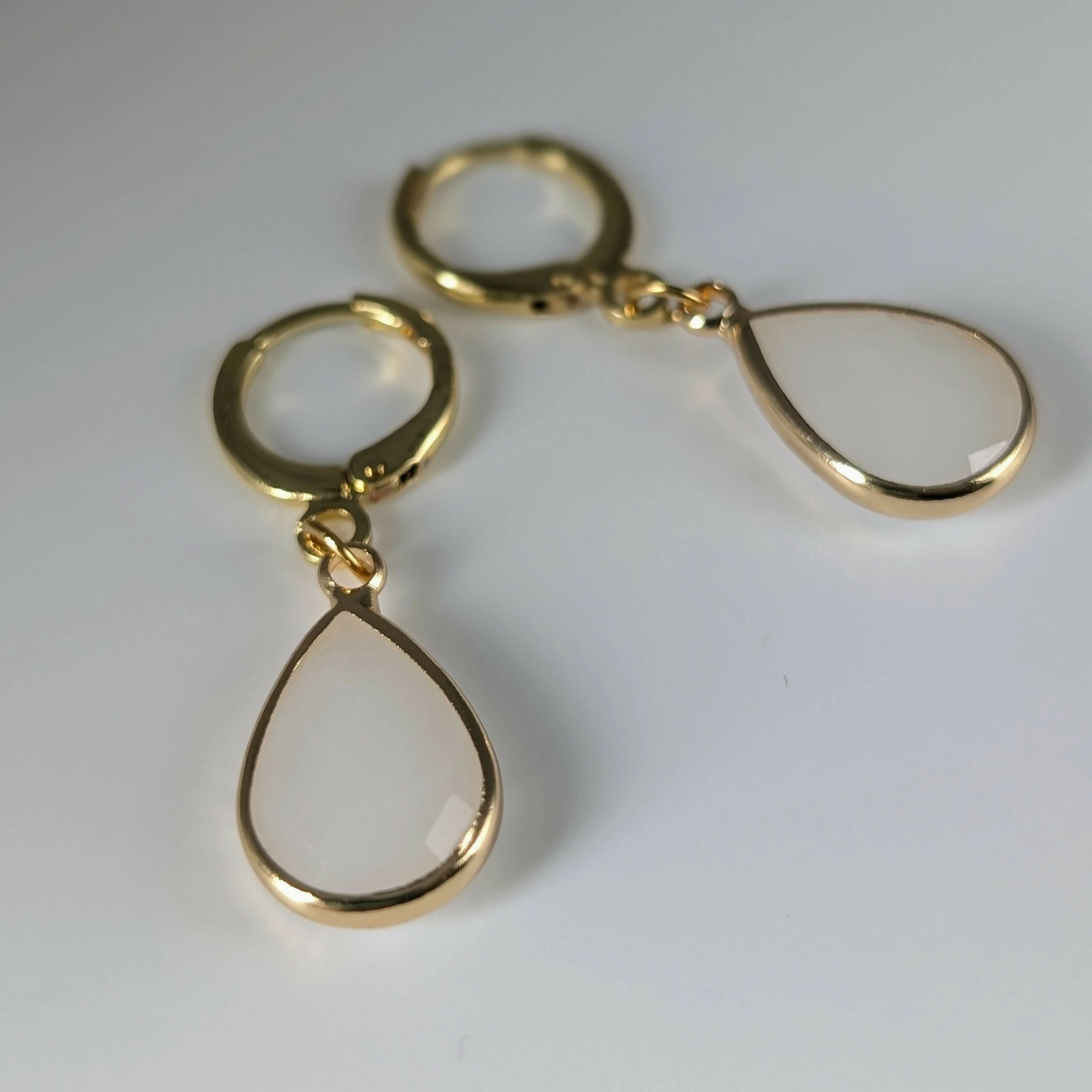 White Jade Faceted Teardop Gold Plated Huggie Earrings - Image 2