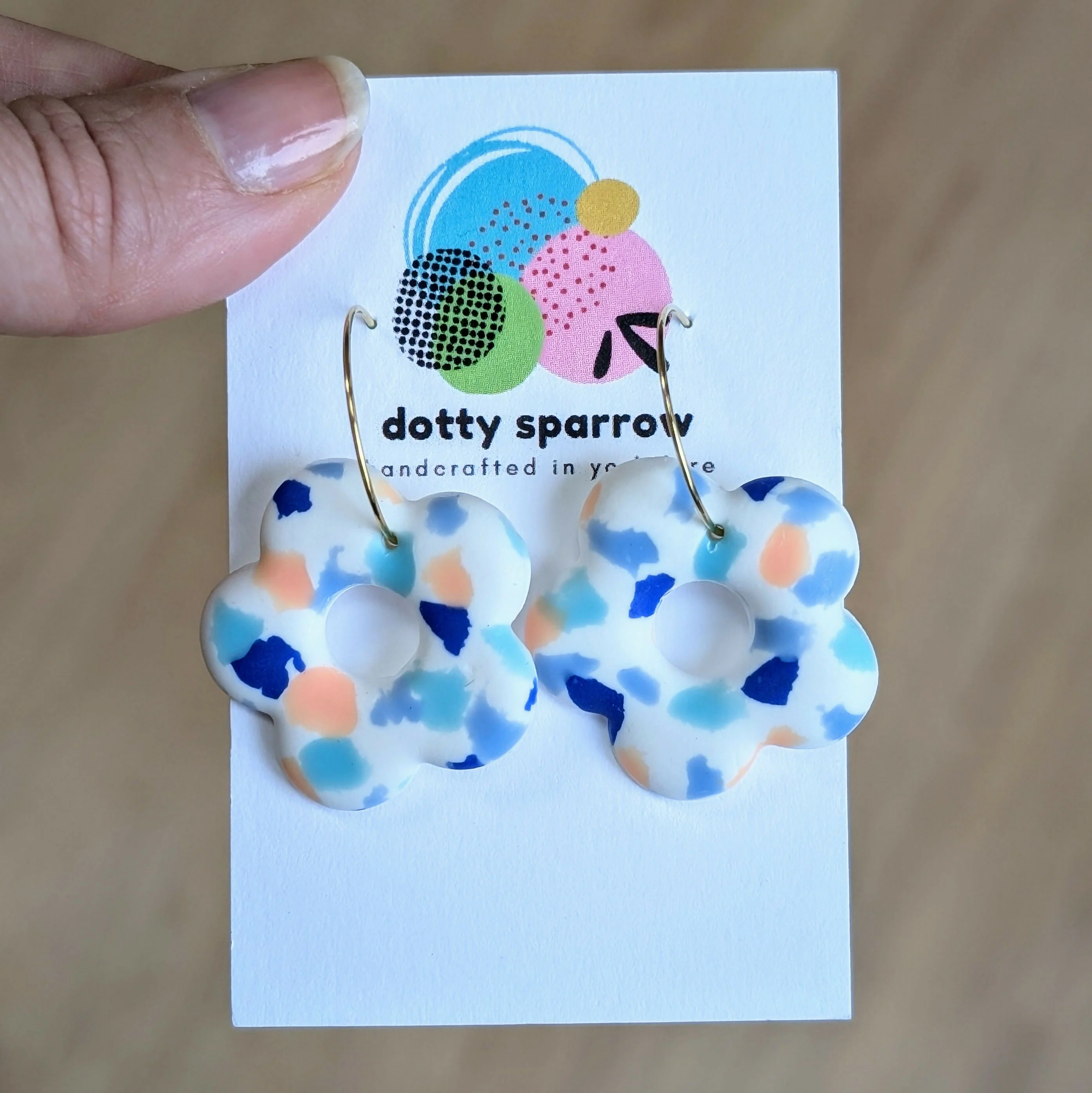 White, Peach & Blues Terrazzo Flower Hoop Handmade Polymer Clay Earrings