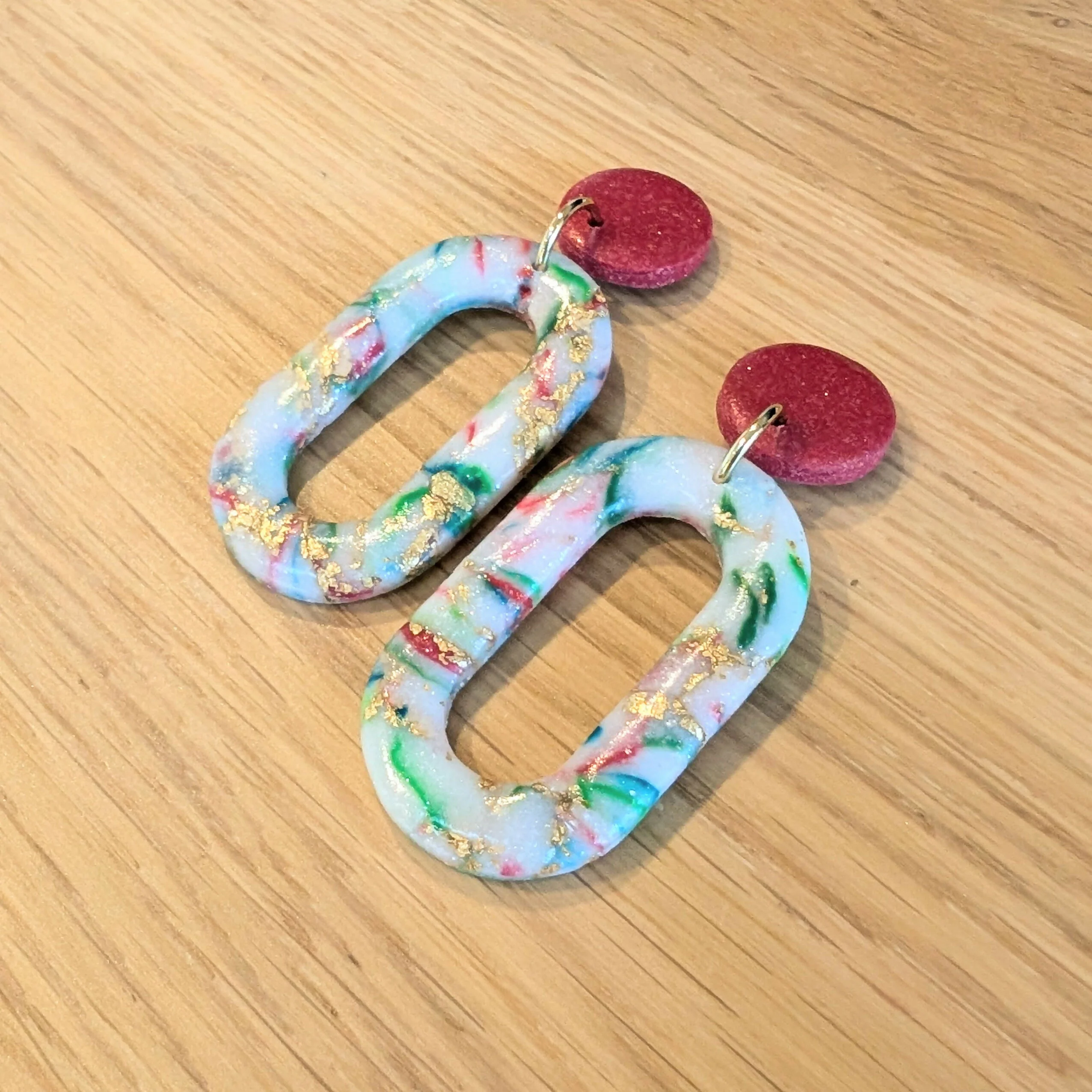 White Red Green Gold Oval Cutout Drop Dangle Handmade Polymer Clay Earrings - Image 2