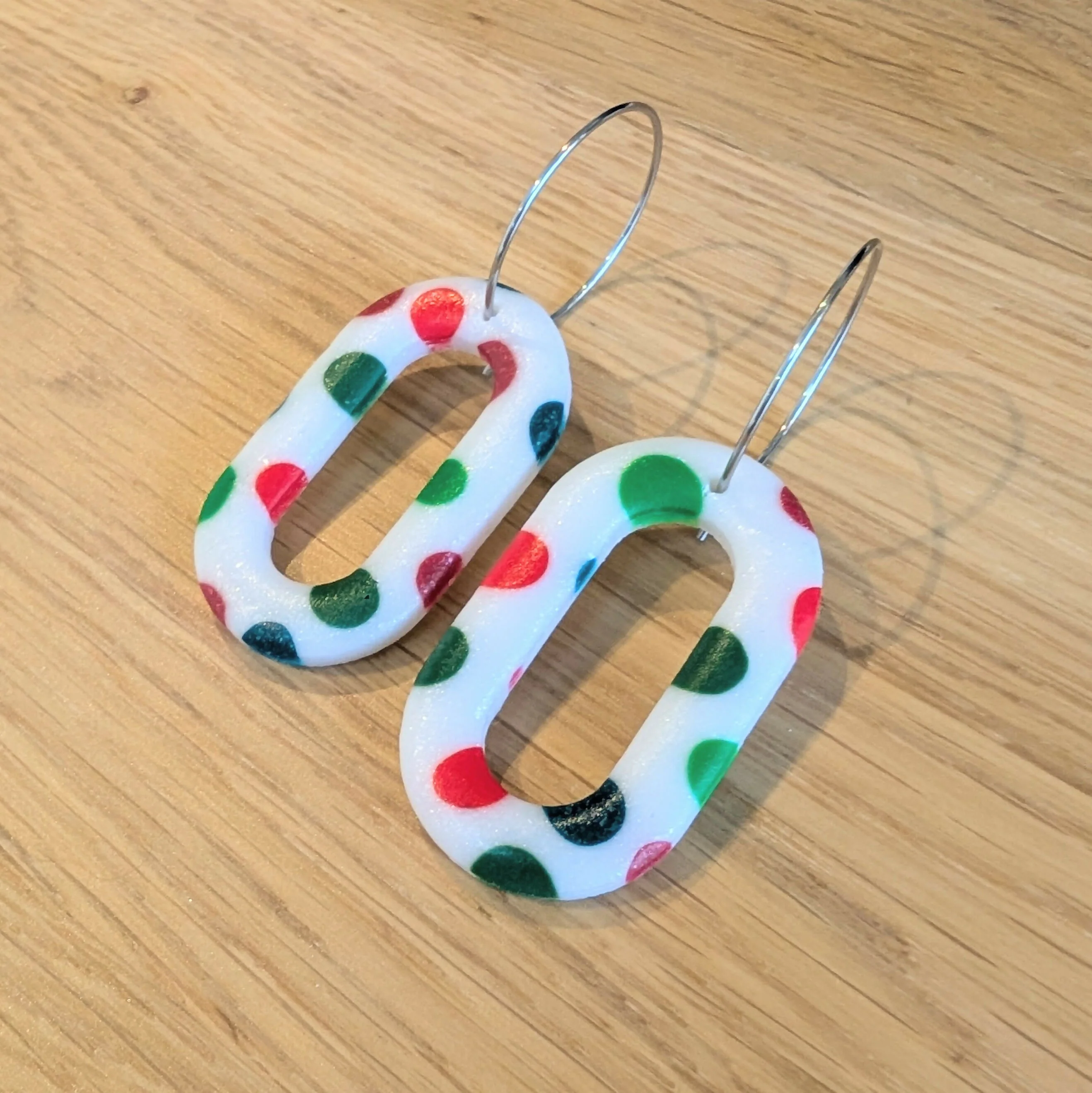 White with Red & Green Spots Oval Cutout Hoop Dangle Handmade Polymer Clay Earrings - Image 2