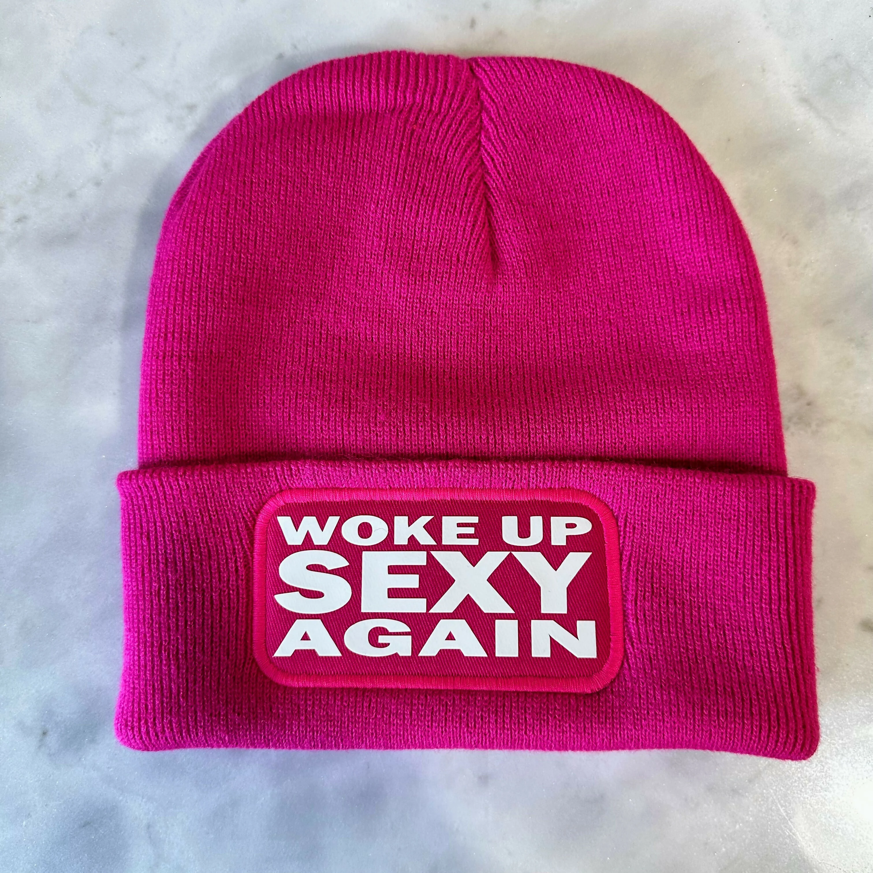 Woke Up Sexy Again Cuffed Rectangular Patch Beanie Hat - Image 3