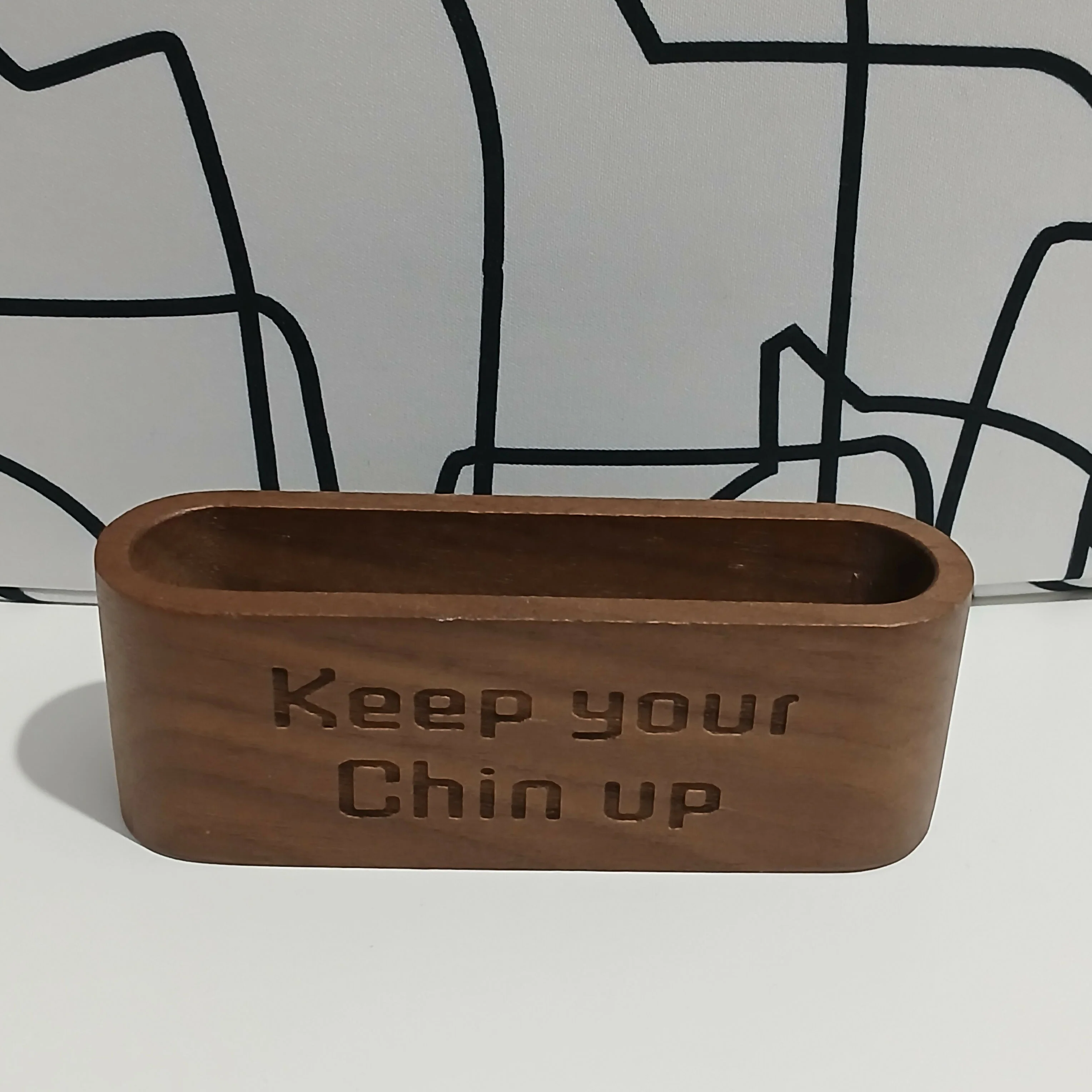 Wooden Business Card Holder – “Keep Your Chin Up” (Walnut) - Image 2