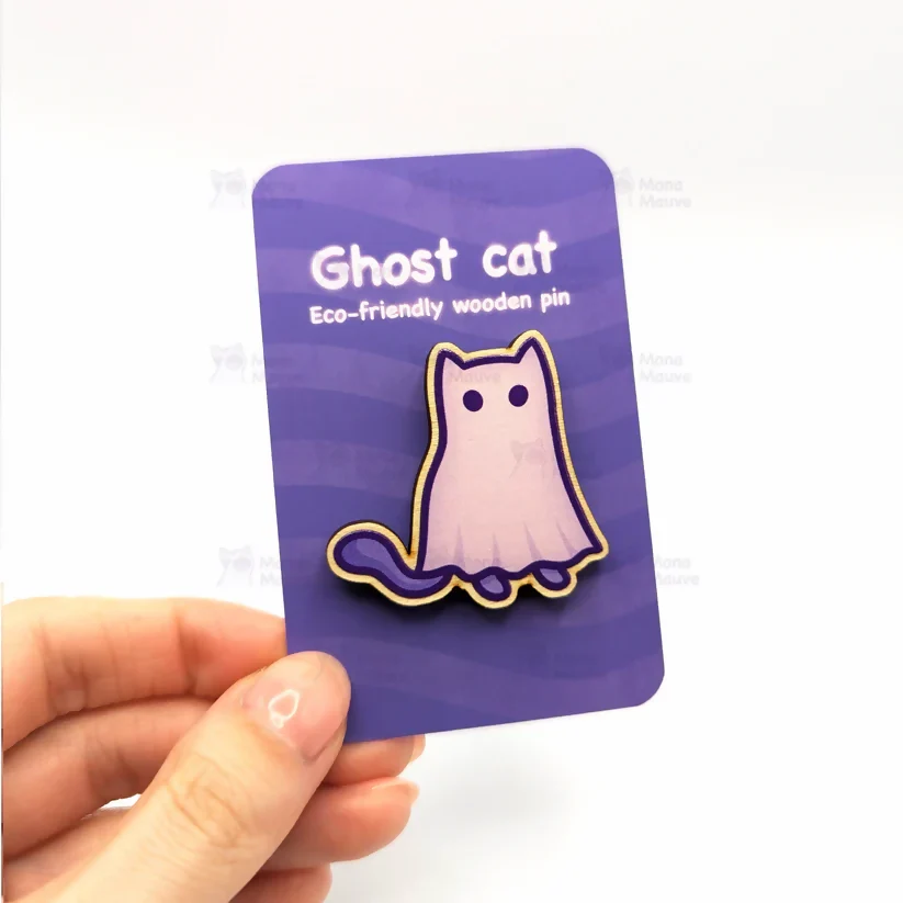 Wooden Pin Badge - Ghost Cat - Image 2