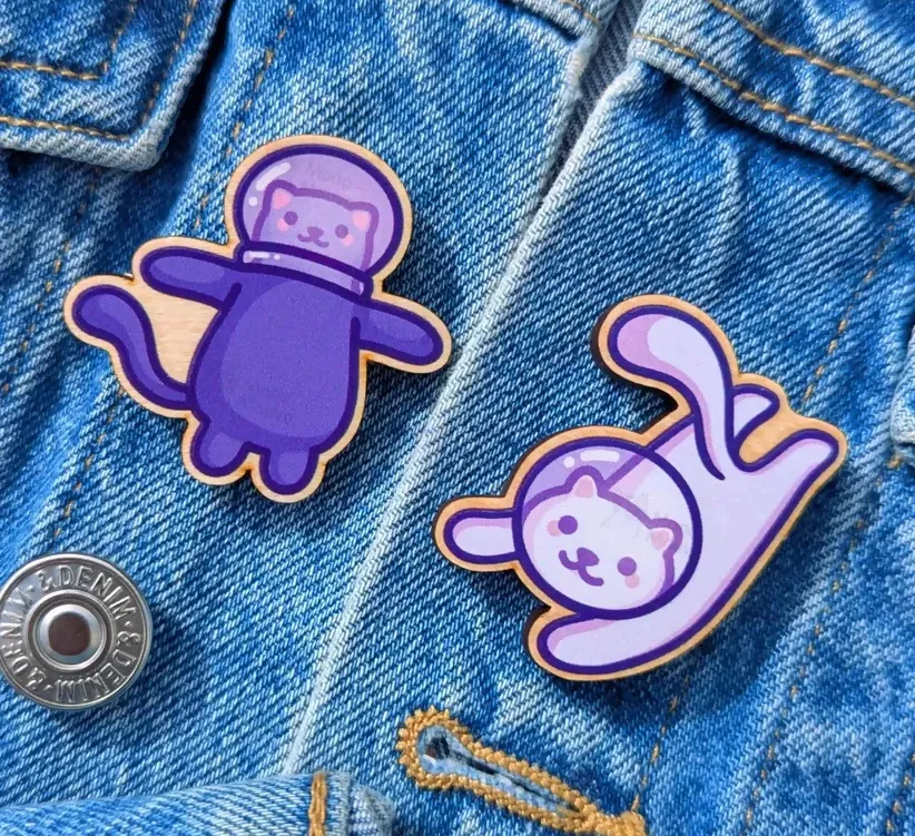 Wooden Pin Badge - Space Cat