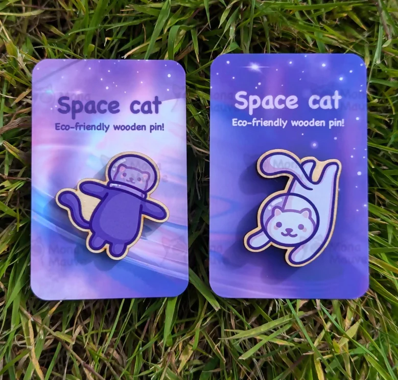 Wooden Pin Badge - Space Cat - Image 2