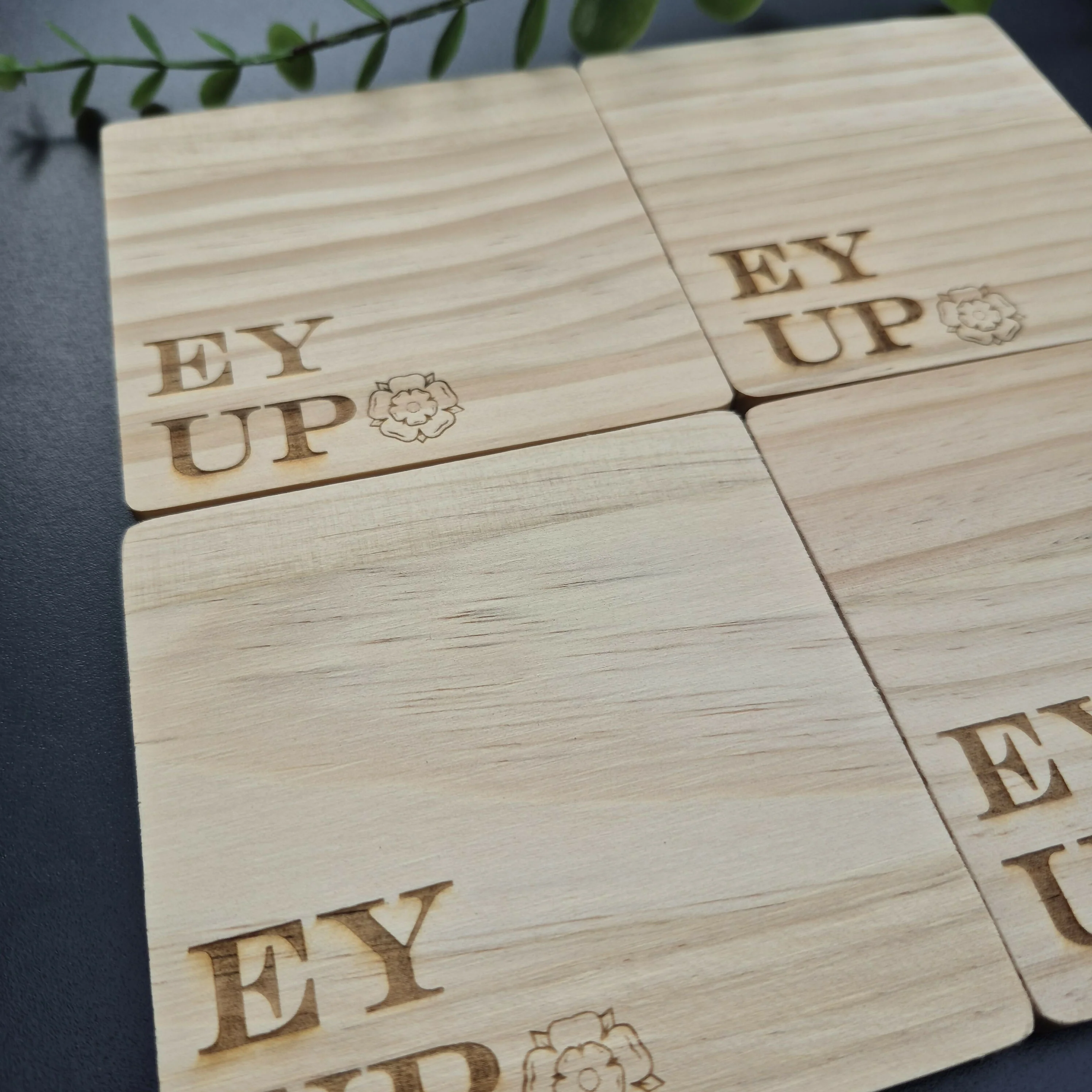 Wooden Yorkshire Rose Coaster with Yorkshire Sayings - Ey Ups