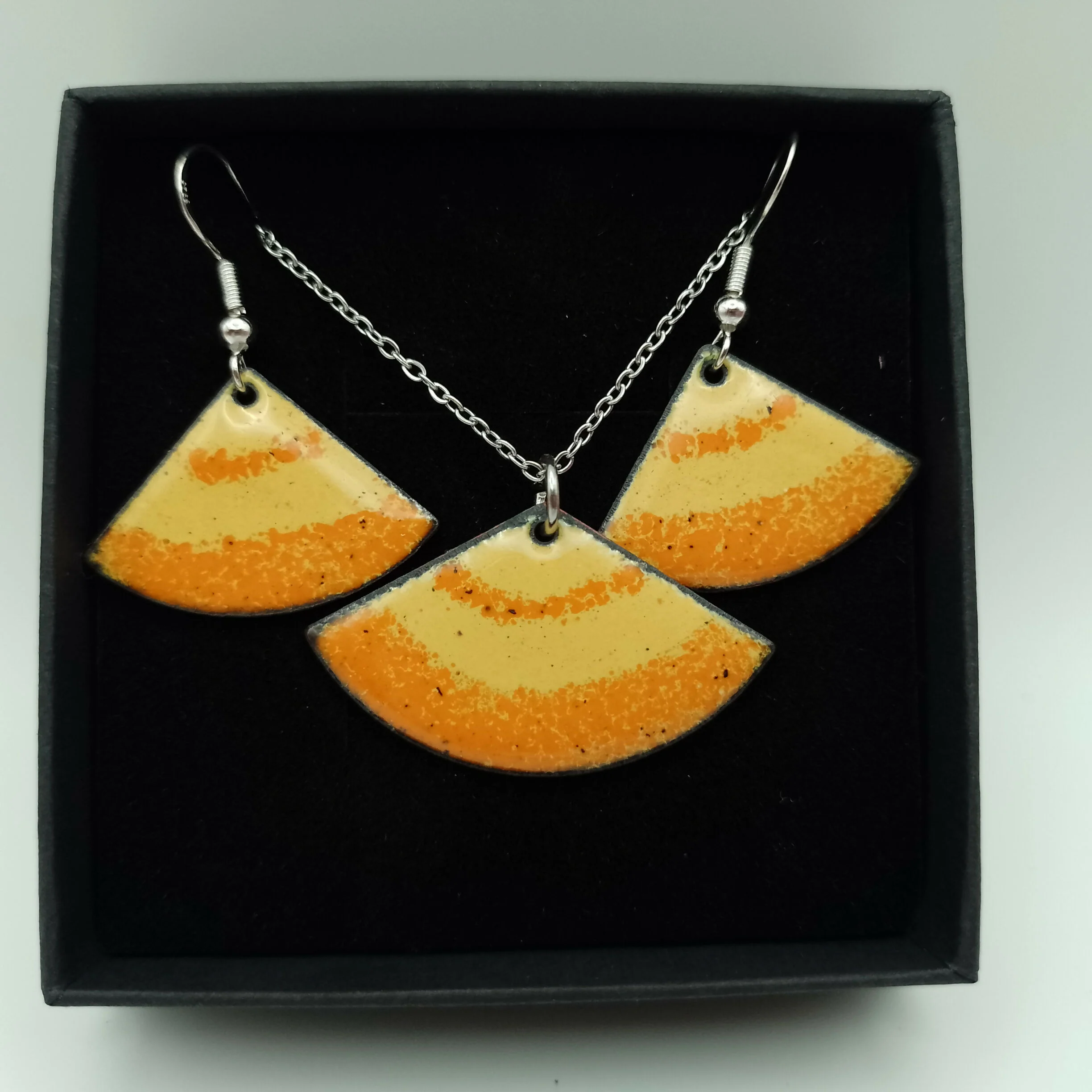Yellow and Tangerine Orange Fan Enamel Earring and Pendant Set - Image 2