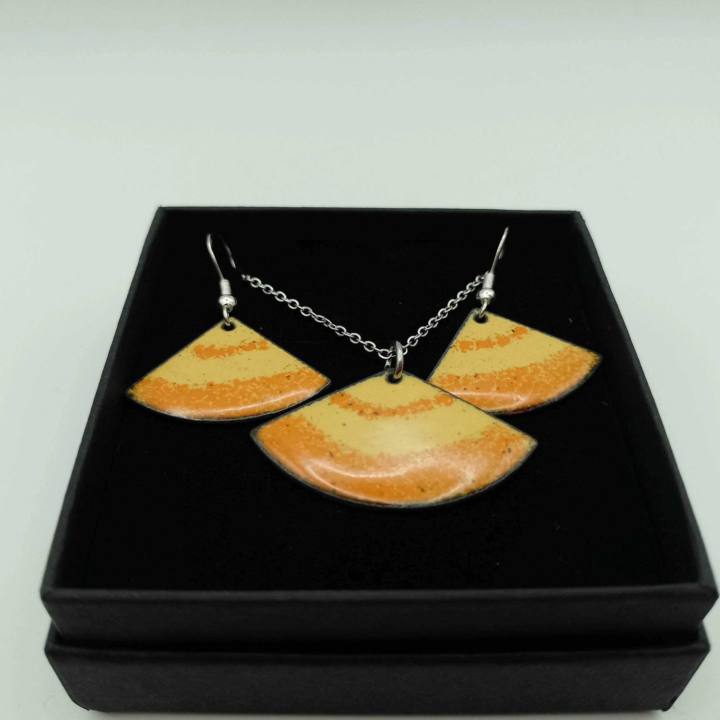 Yellow and Tangerine Orange Fan Enamel Earring and Pendant Set - Image 3