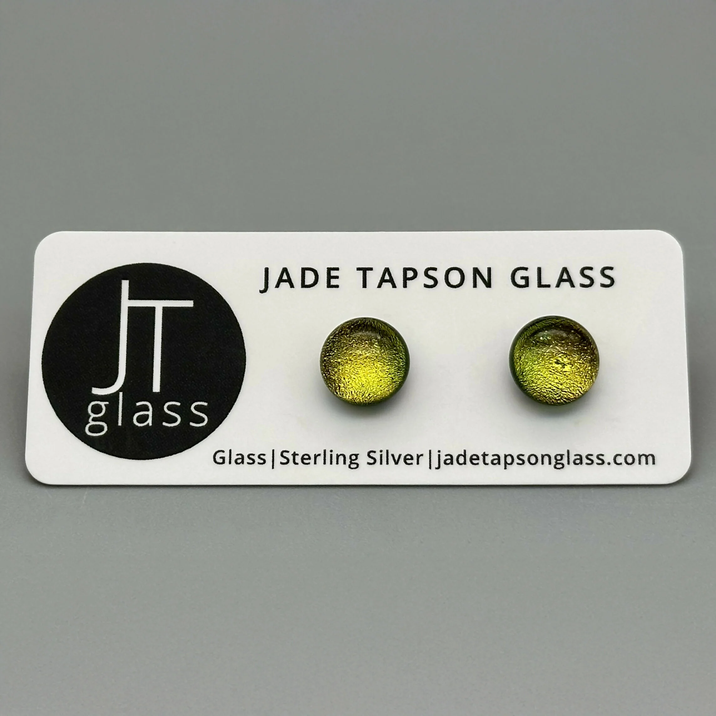 Yellow & Green Dichroic Fused Glass Sterling Silver Stud Earrings - Handmade by Jade Tapson Glass. - Image 2