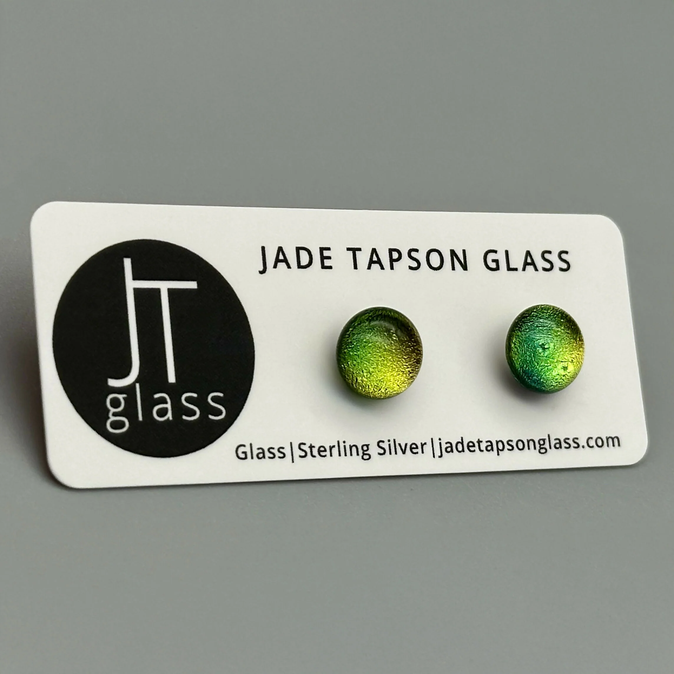 Yellow & Green Dichroic Fused Glass Sterling Silver Stud Earrings - Handmade by Jade Tapson Glass. - Image 3