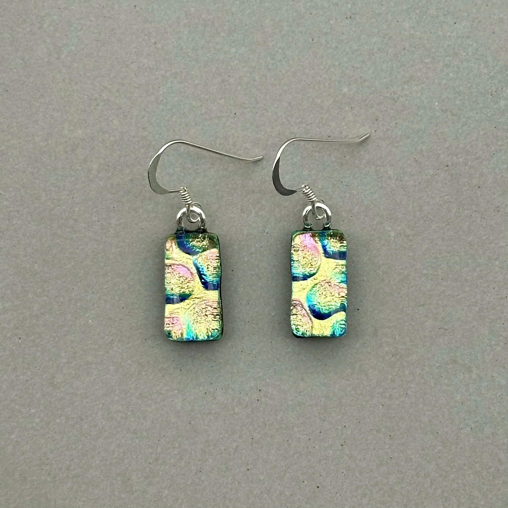 Yellow & Pink Bubble Dichroic Fused Glass Dangle Sterling Silver Earrings - Handmade by Jade Tapson Glass.