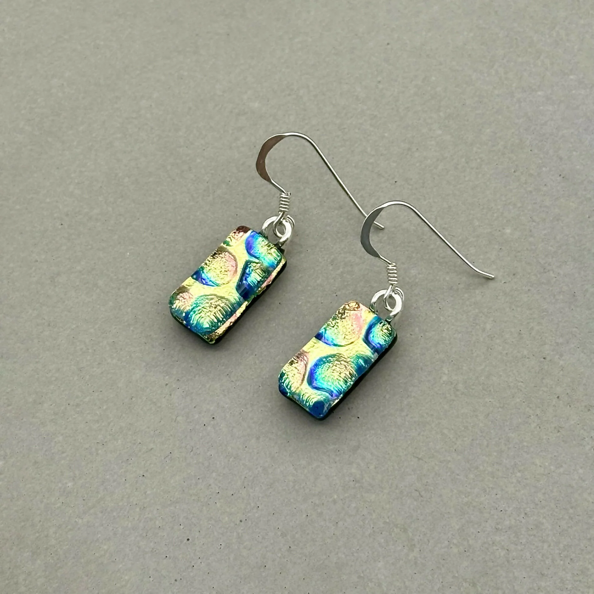 Yellow & Pink Bubble Dichroic Fused Glass Dangle Sterling Silver Earrings - Handmade by Jade Tapson Glass. - Image 2