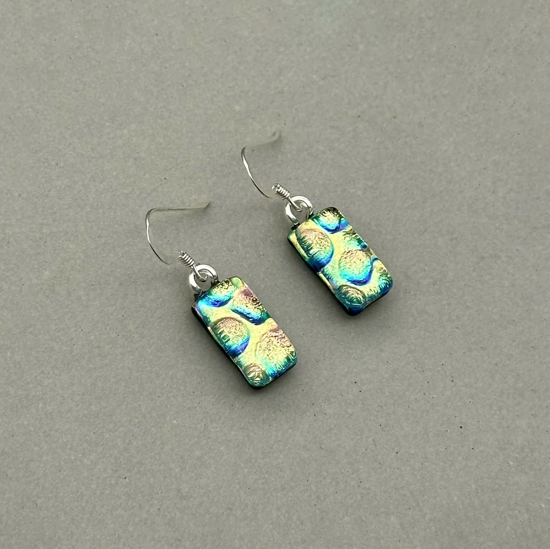 Yellow & Pink Bubble Dichroic Fused Glass Dangle Sterling Silver Earrings - Handmade by Jade Tapson Glass. - Image 3