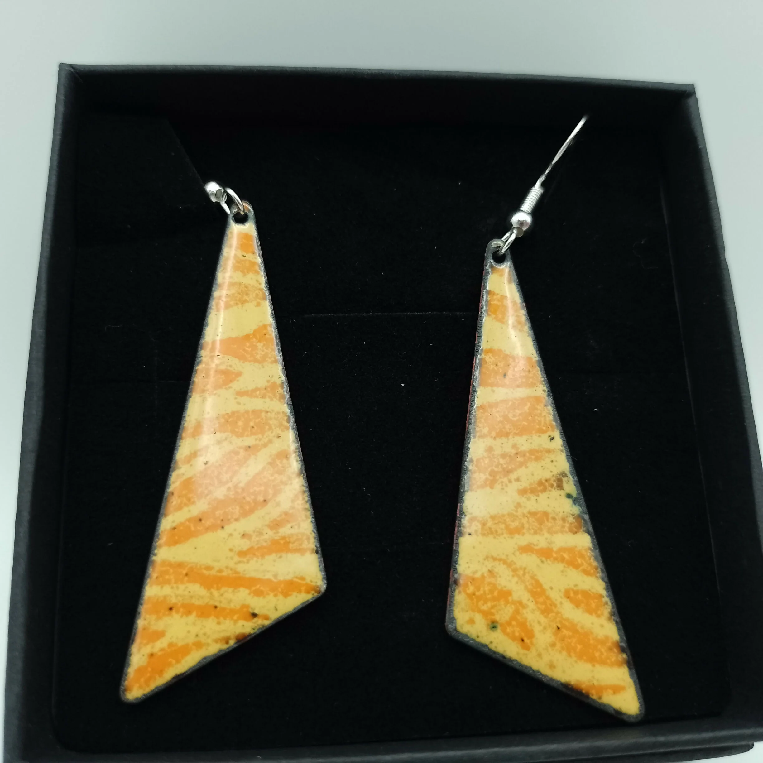 Yellow Triangular Enamel Earrings with Tangerine Orange Stripes - Image 3