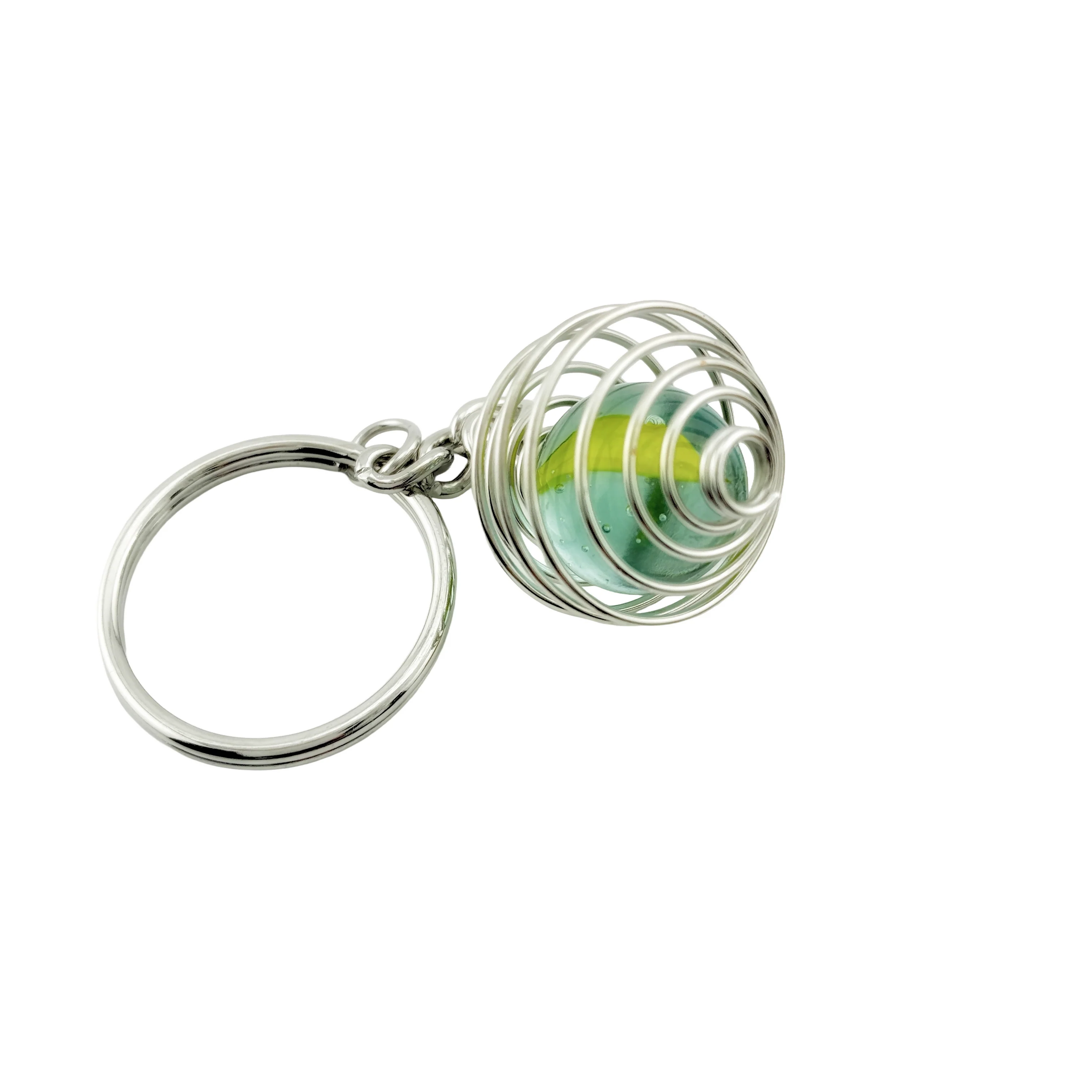 Yellow Vintage Glass Marble in Silver Plated Wire Cage on keyring